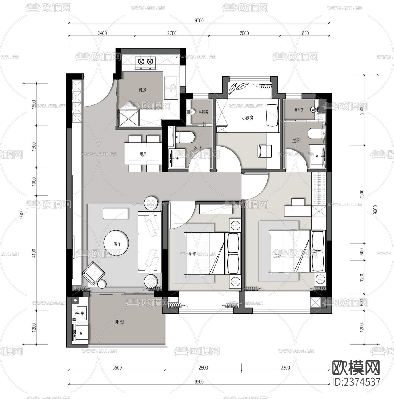 上海普陀建发样板房CAD施工图下载（渲染图9）