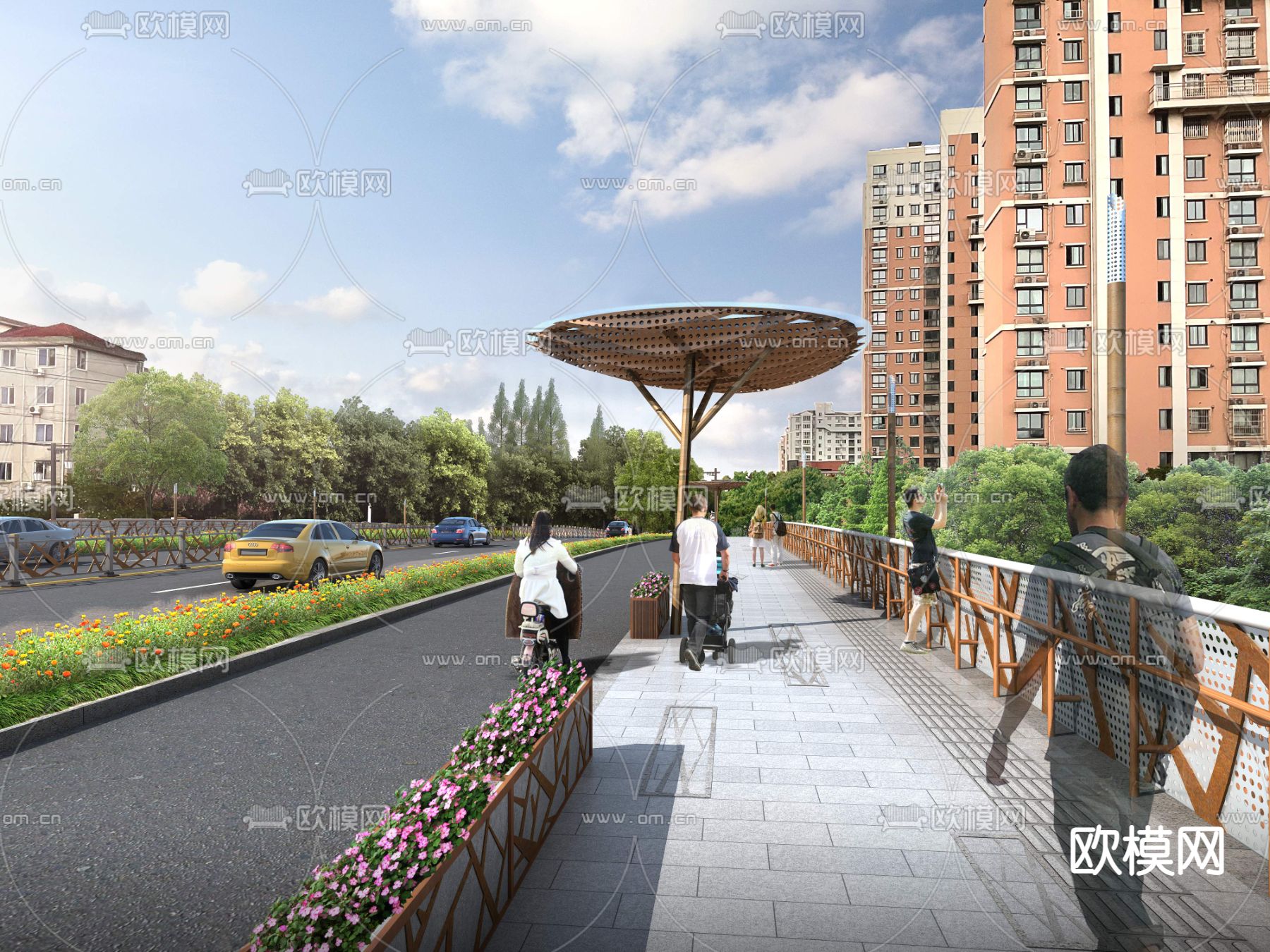 公路 人行道 单车道psd下载