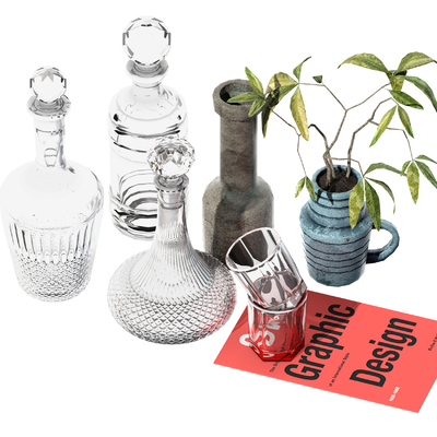  绿植花瓶 玻璃器皿 杯子su模型 