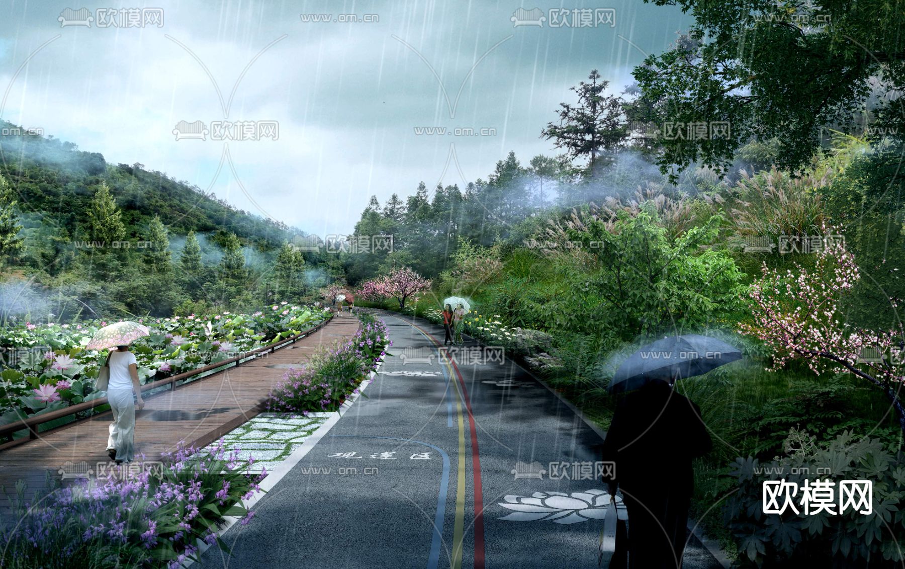 湿地公园 绿道雨景psd下载