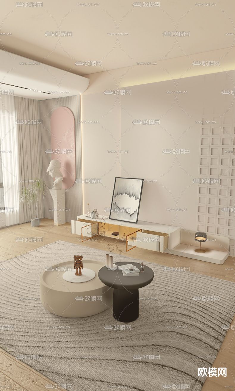奶油风电视柜 茶几3d模型下载（渲染图1）