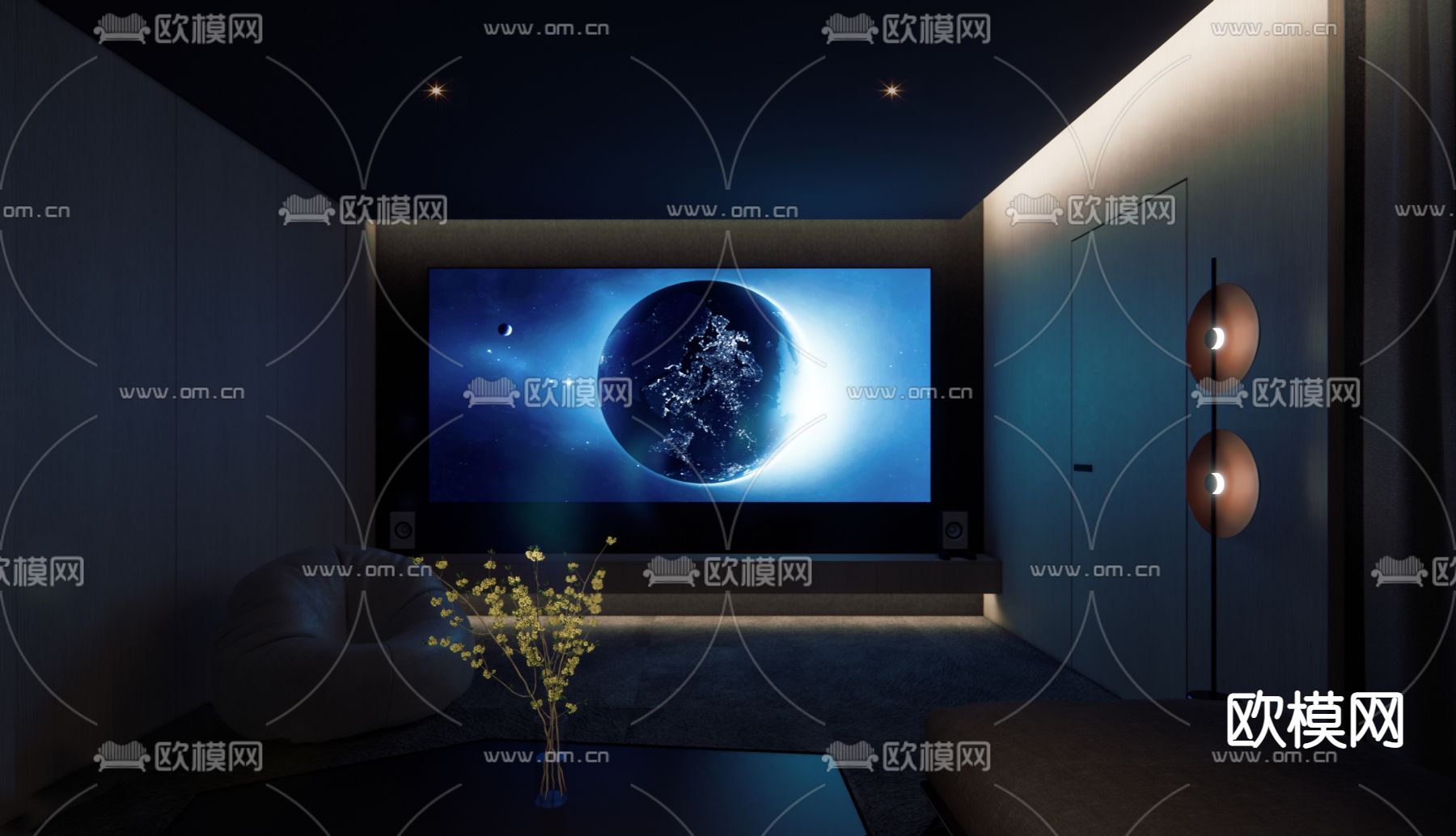 现代影音室su模型下载（渲染图1）