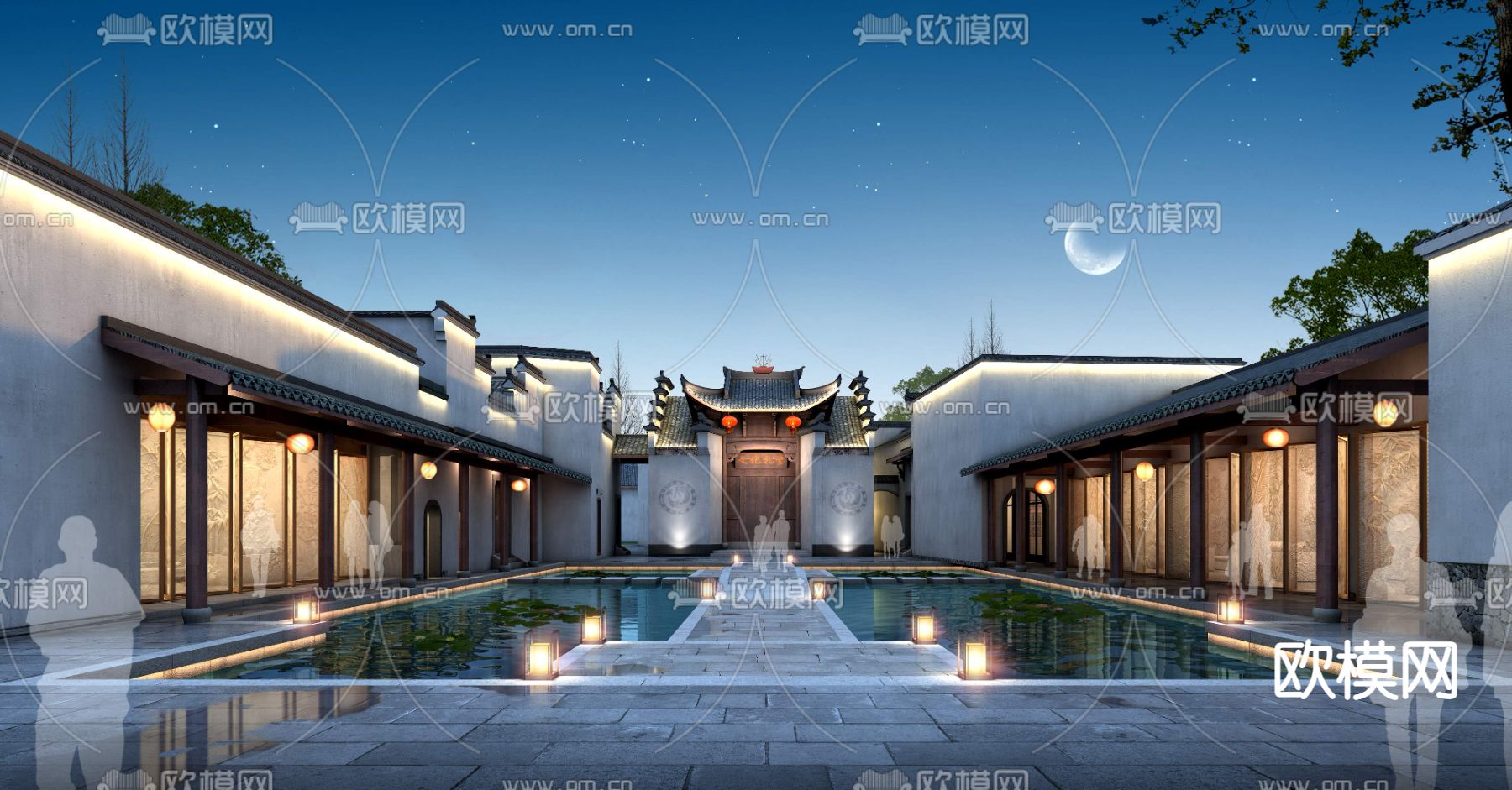 中式内庭水景景观psd下载