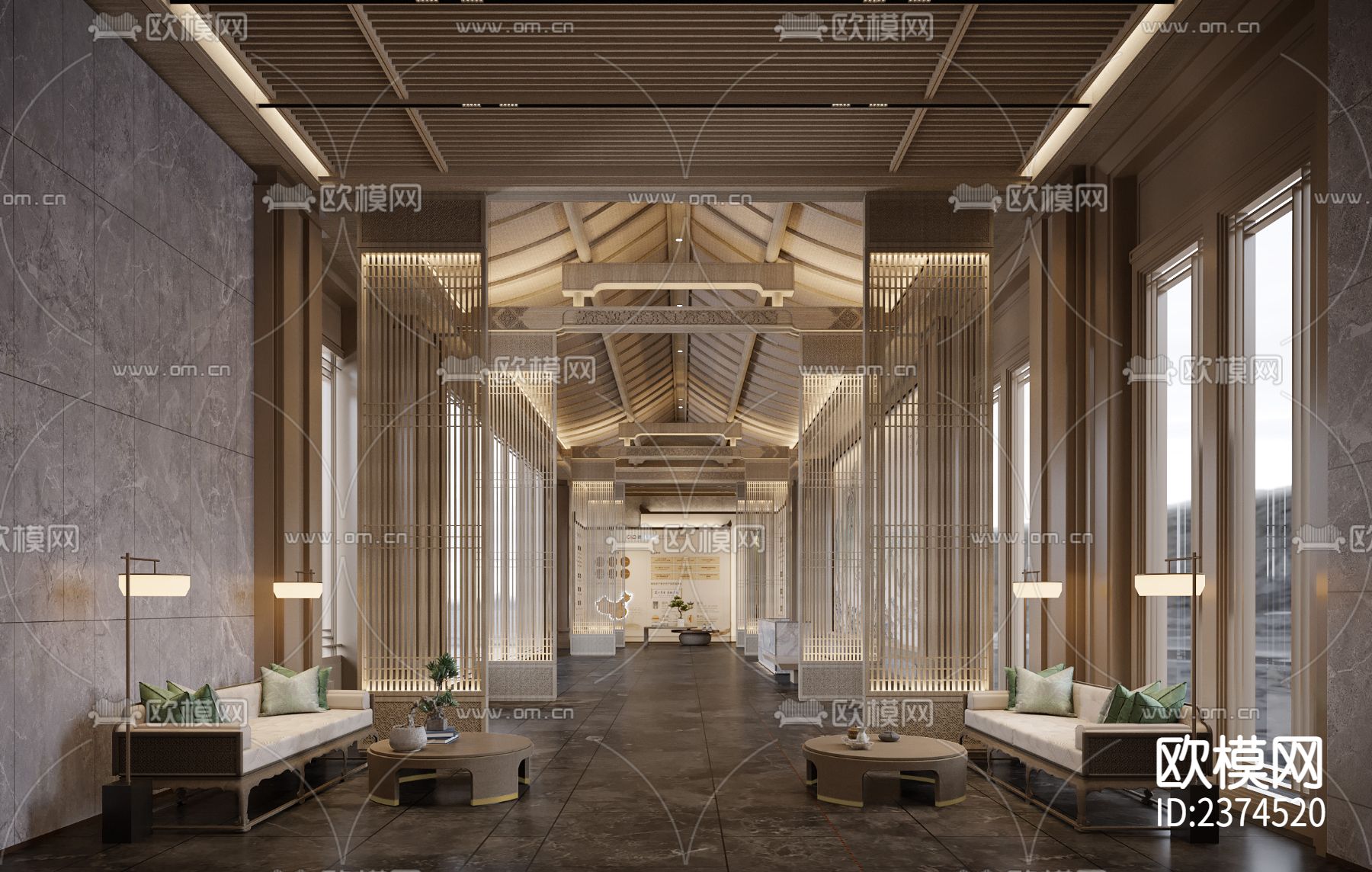 新中式展厅设计CAD施工图下载（渲染图1）