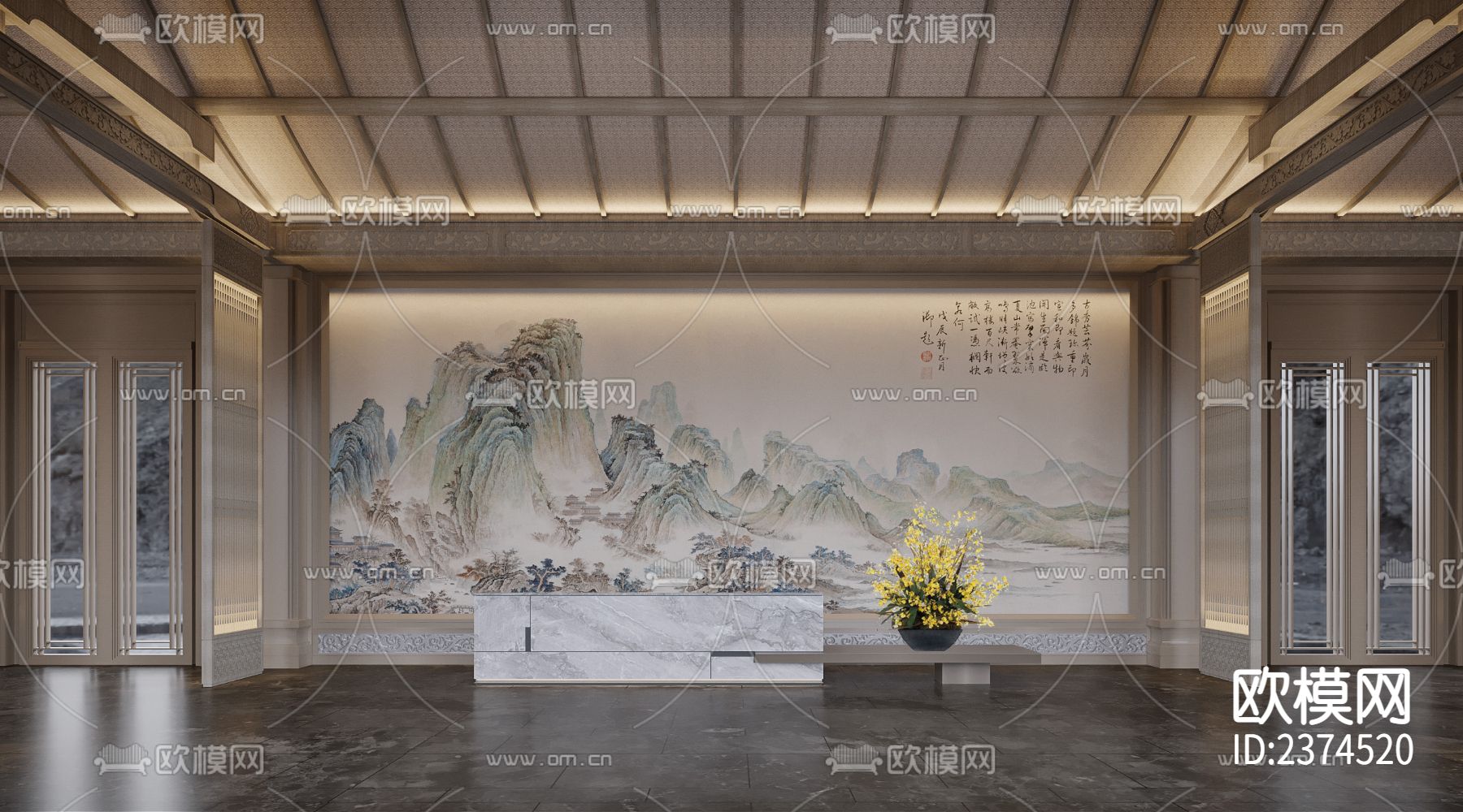 新中式展厅设计CAD施工图下载（渲染图2）