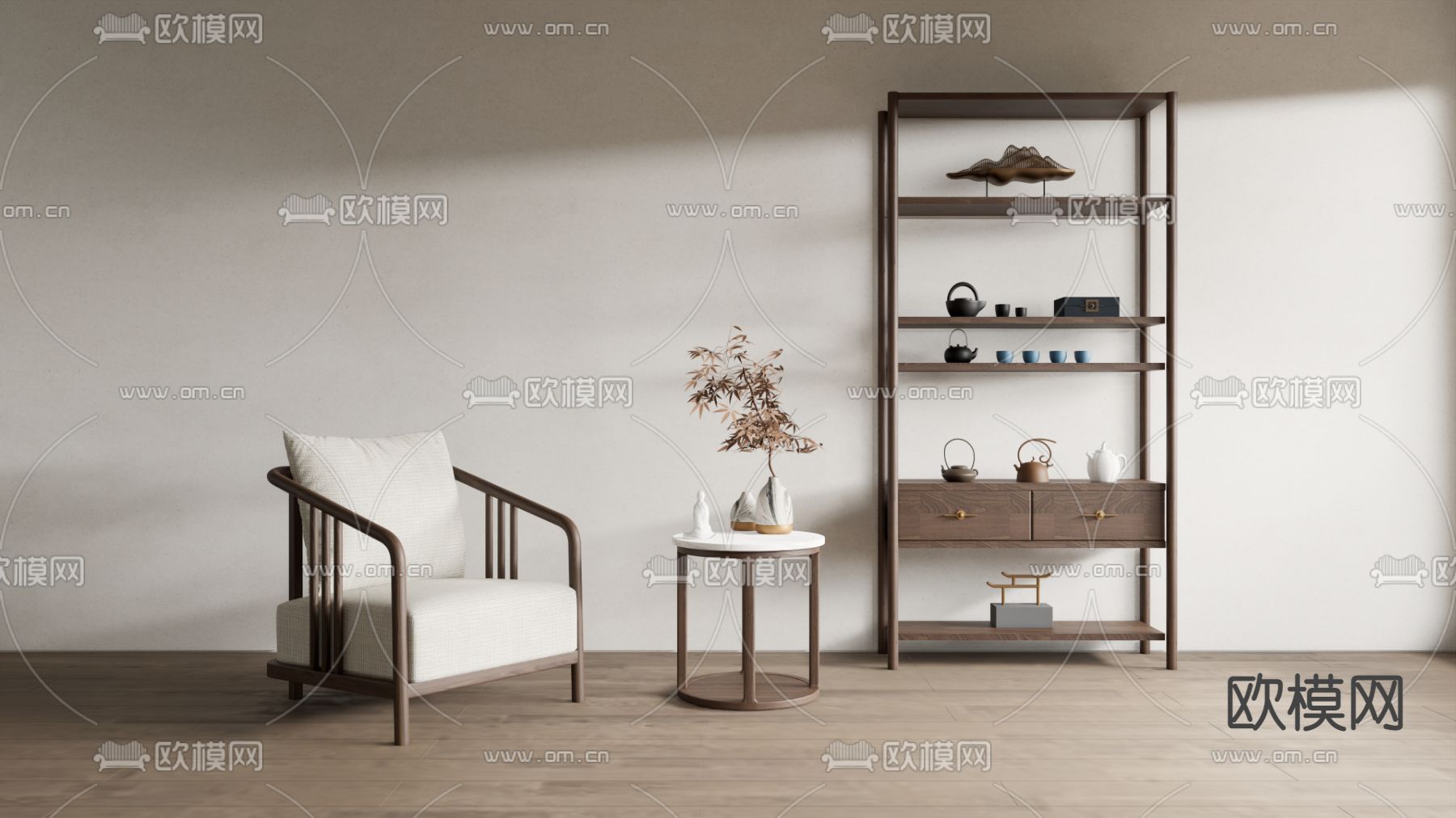 新中式休闲沙发su模型下载（渲染图1）