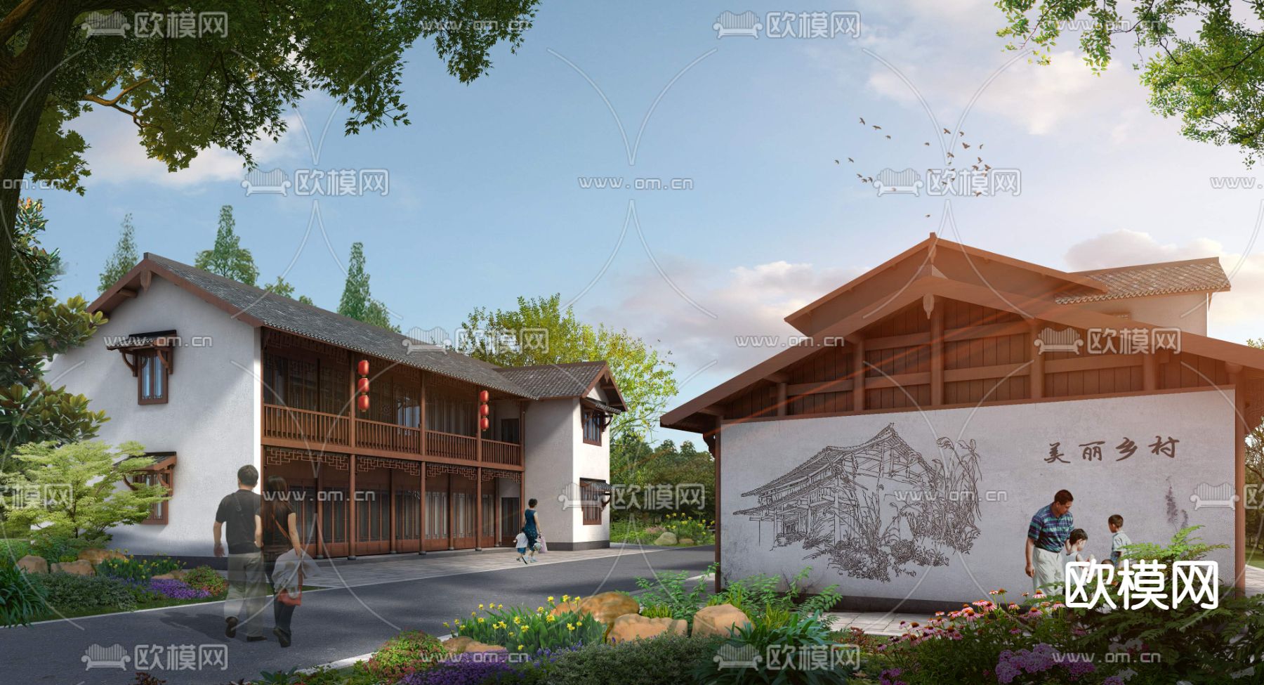 新中式 民宿外观psd下载