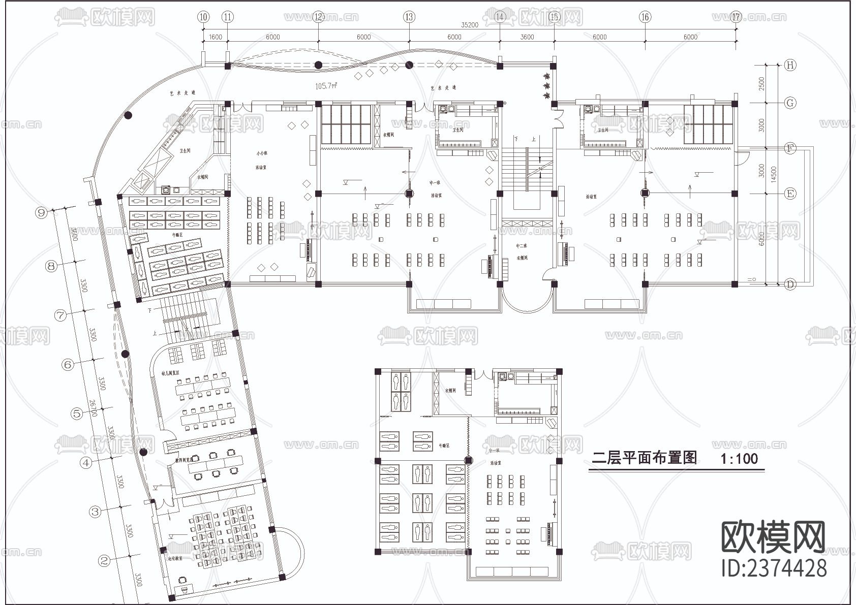 幼儿园CAD施工图下载（渲染图3）
