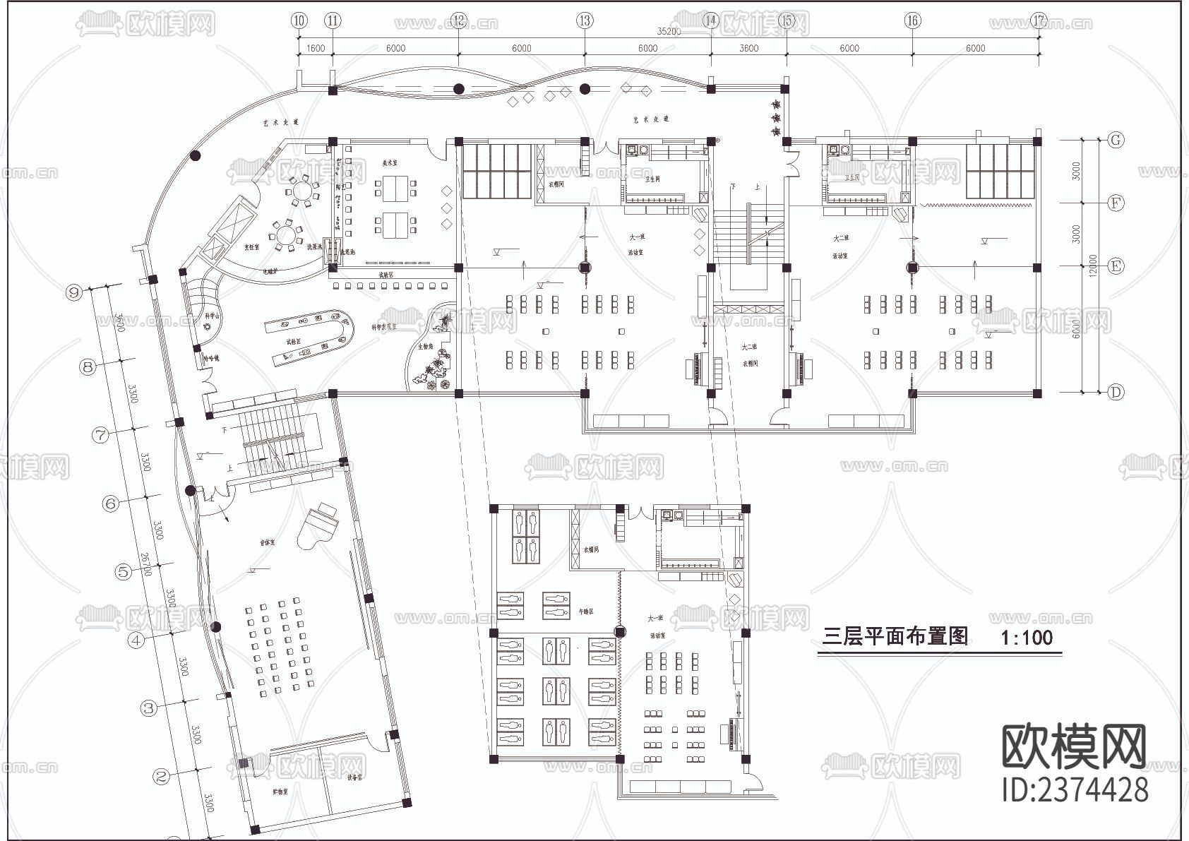 幼儿园CAD施工图下载（渲染图2）