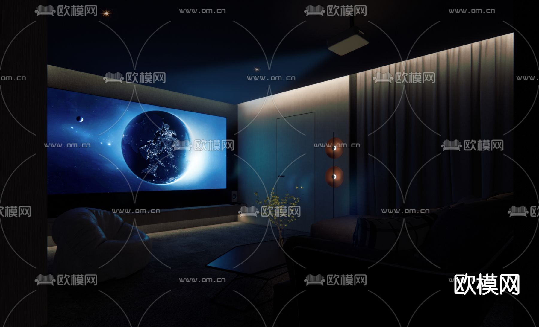 现代影音室su模型下载（渲染图2）