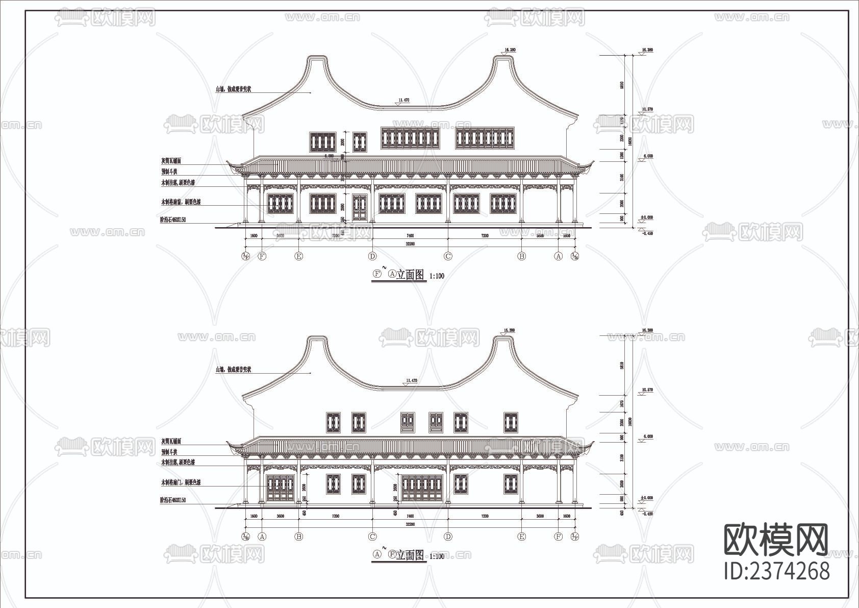 某寺两套斋堂建筑CAD施工图下载（渲染图5）