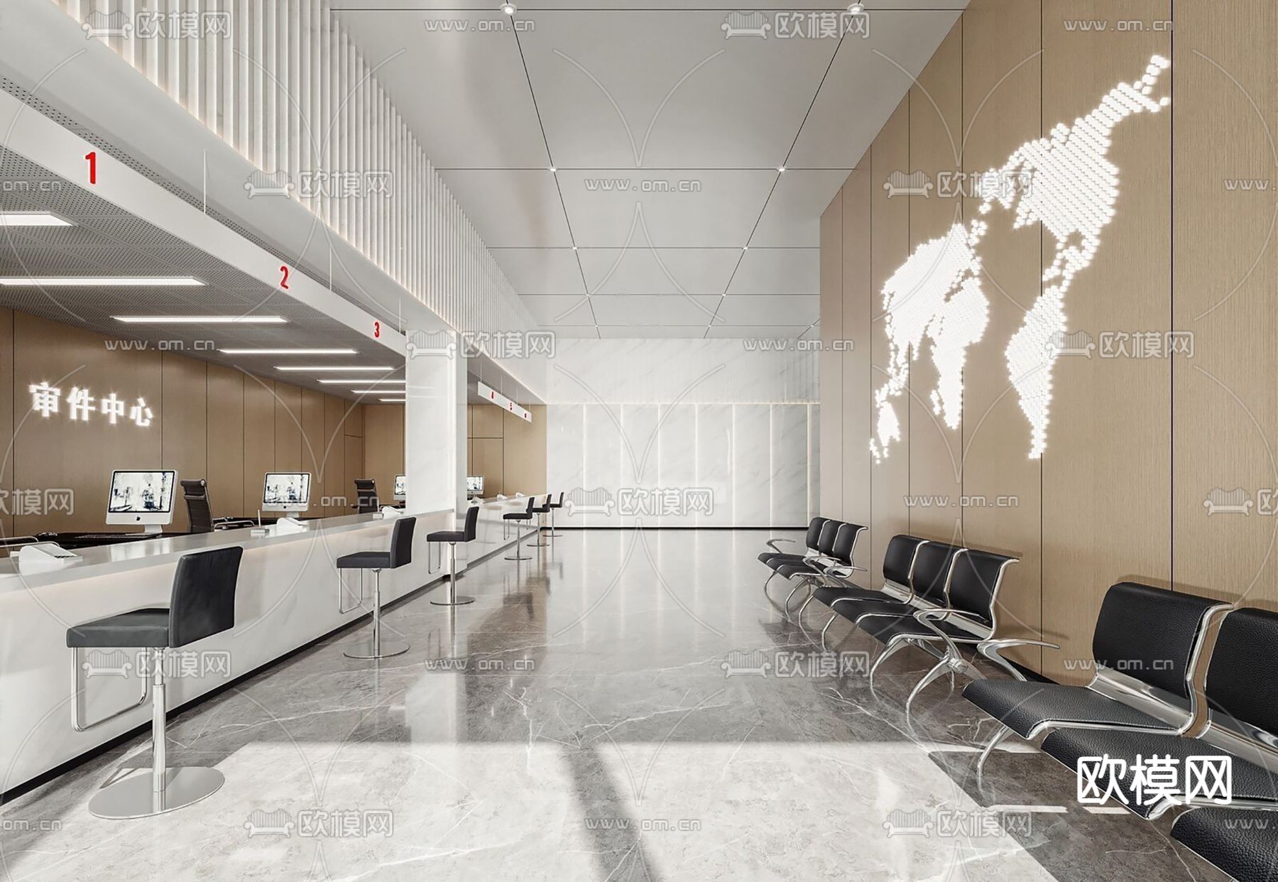 现代办事大厅su模型下载（渲染图1）