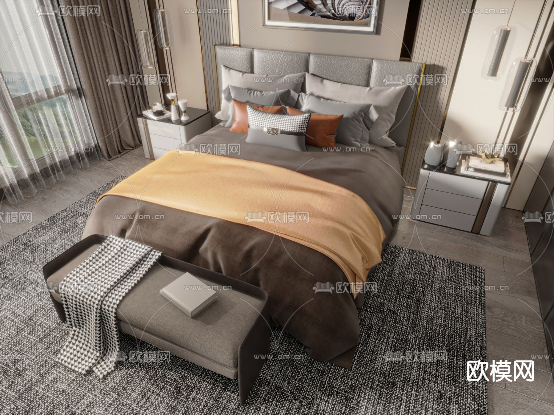 现代双人床3d模型下载