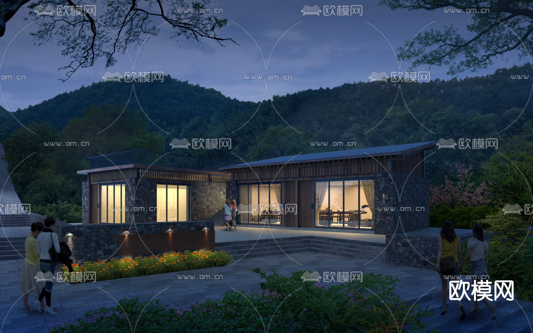 驿站民宿夜景psd下载