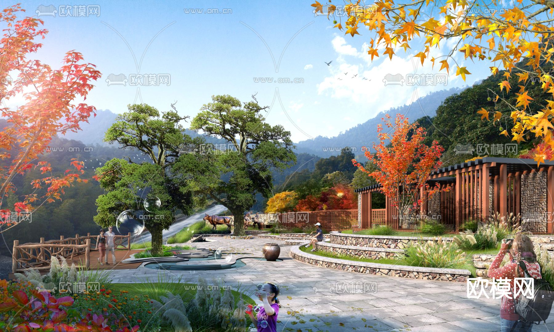 山坡廊架 凉亭psd下载