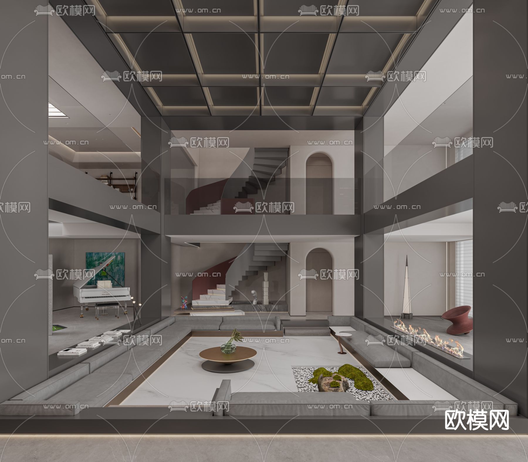 侘寂别墅客厅 下沉式客厅3d模型下载_ID12204635_3dmax免费模型-欧模网