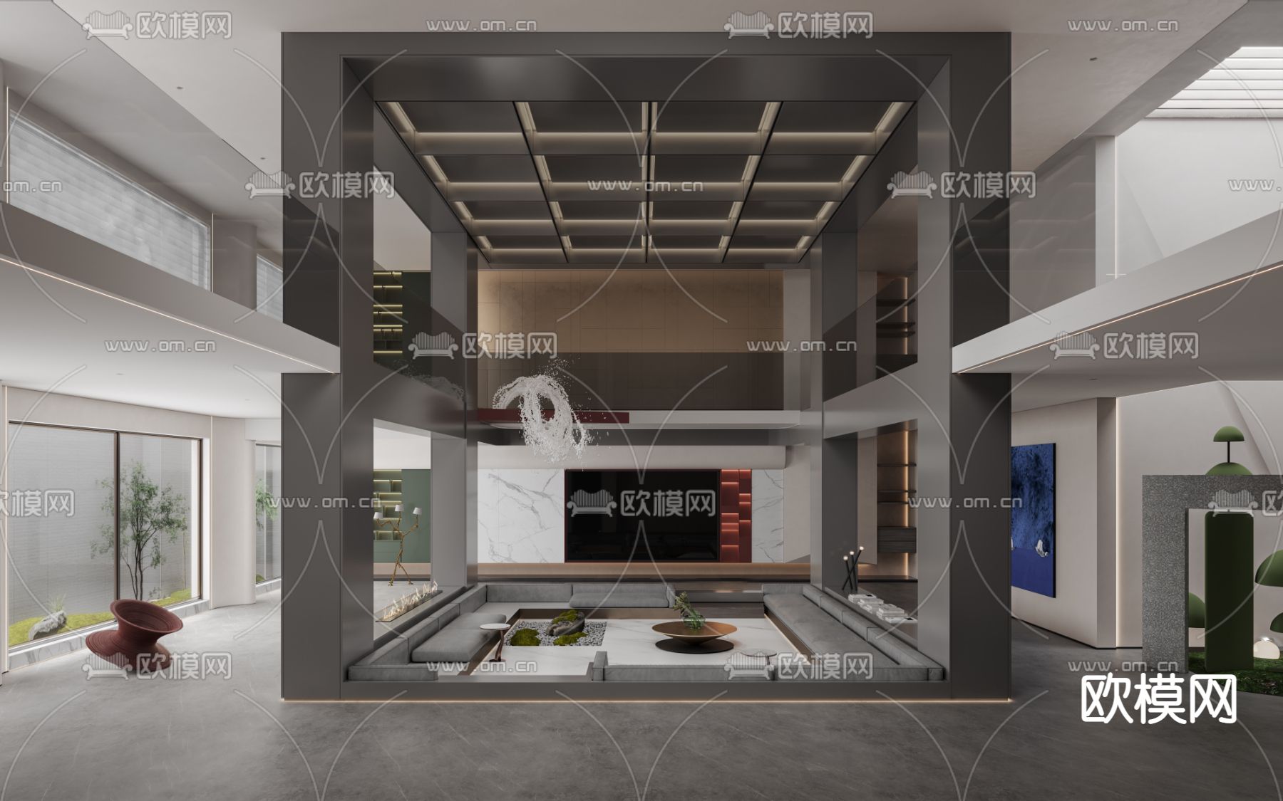 侘寂别墅客厅 下沉式客厅3d模型下载_ID12204634_3dmax免费模型-欧模网