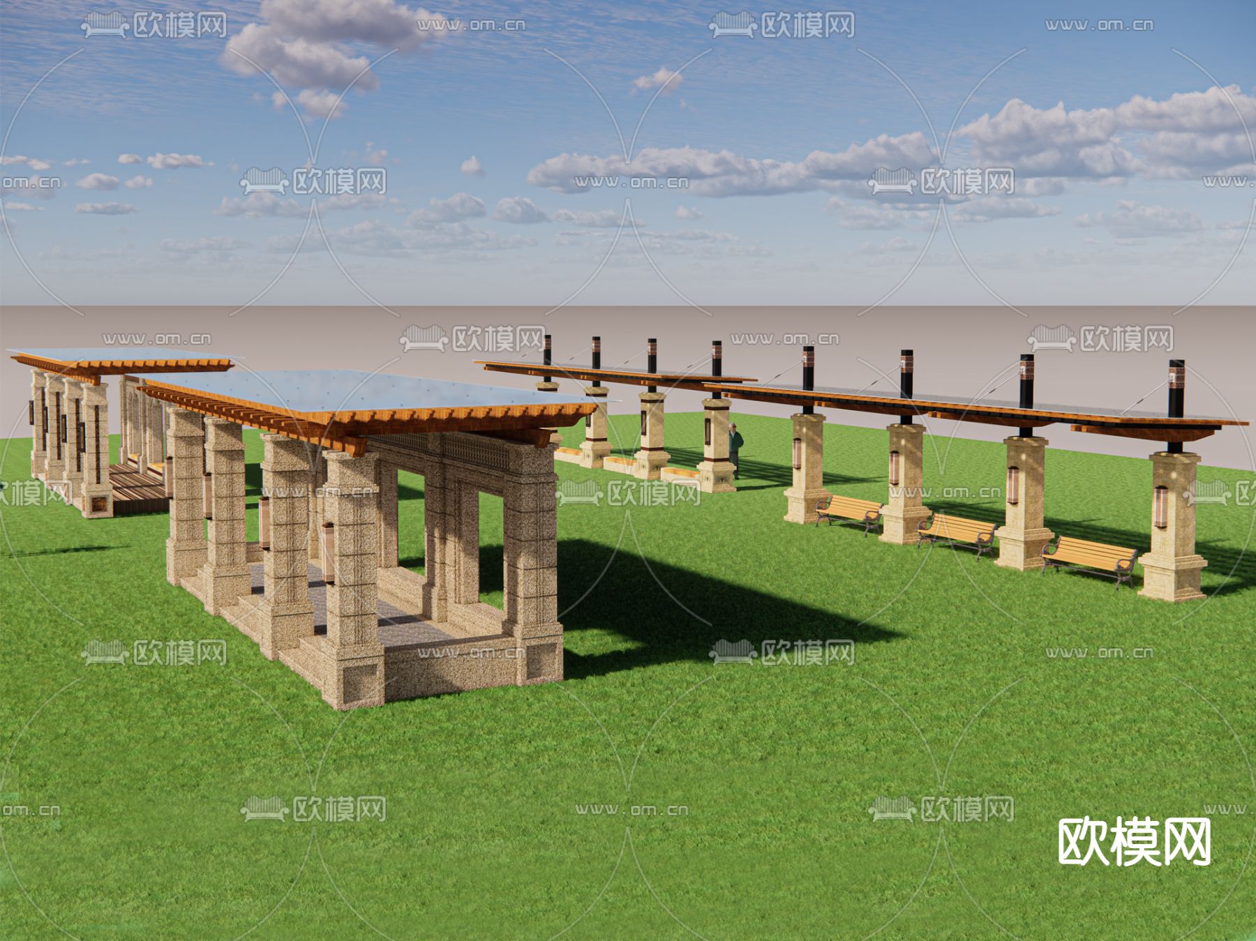 欧式景观廊架su模型下载（渲染图1）
