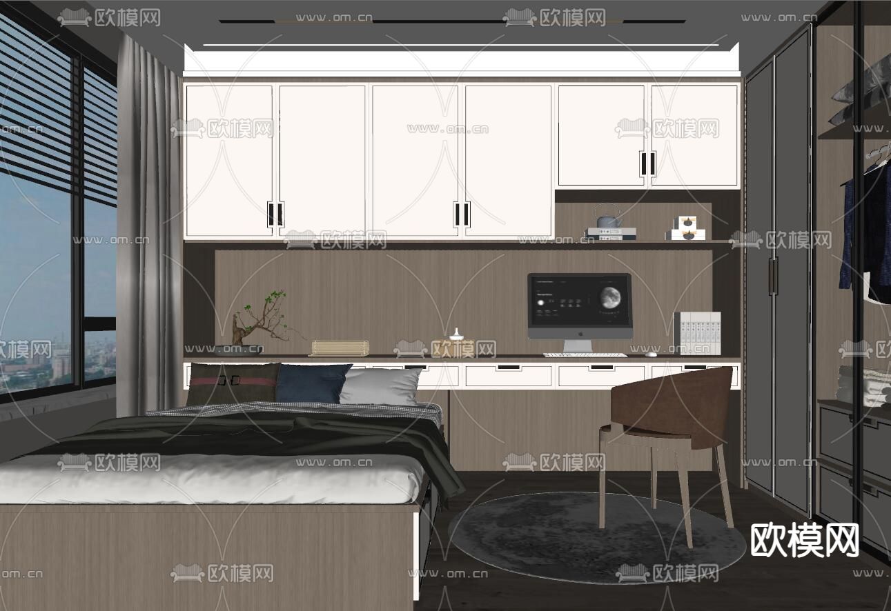 新中式榻榻米卧室su模型下载（渲染图2）