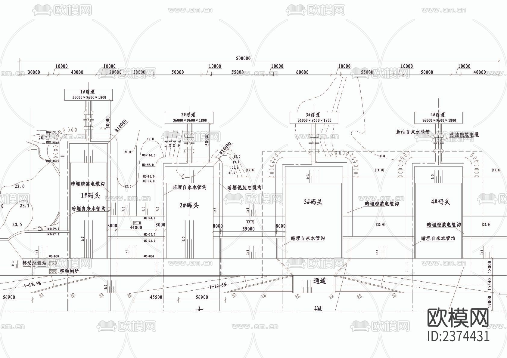 鱼港码头平面布置CAD施工图下载（渲染图2）