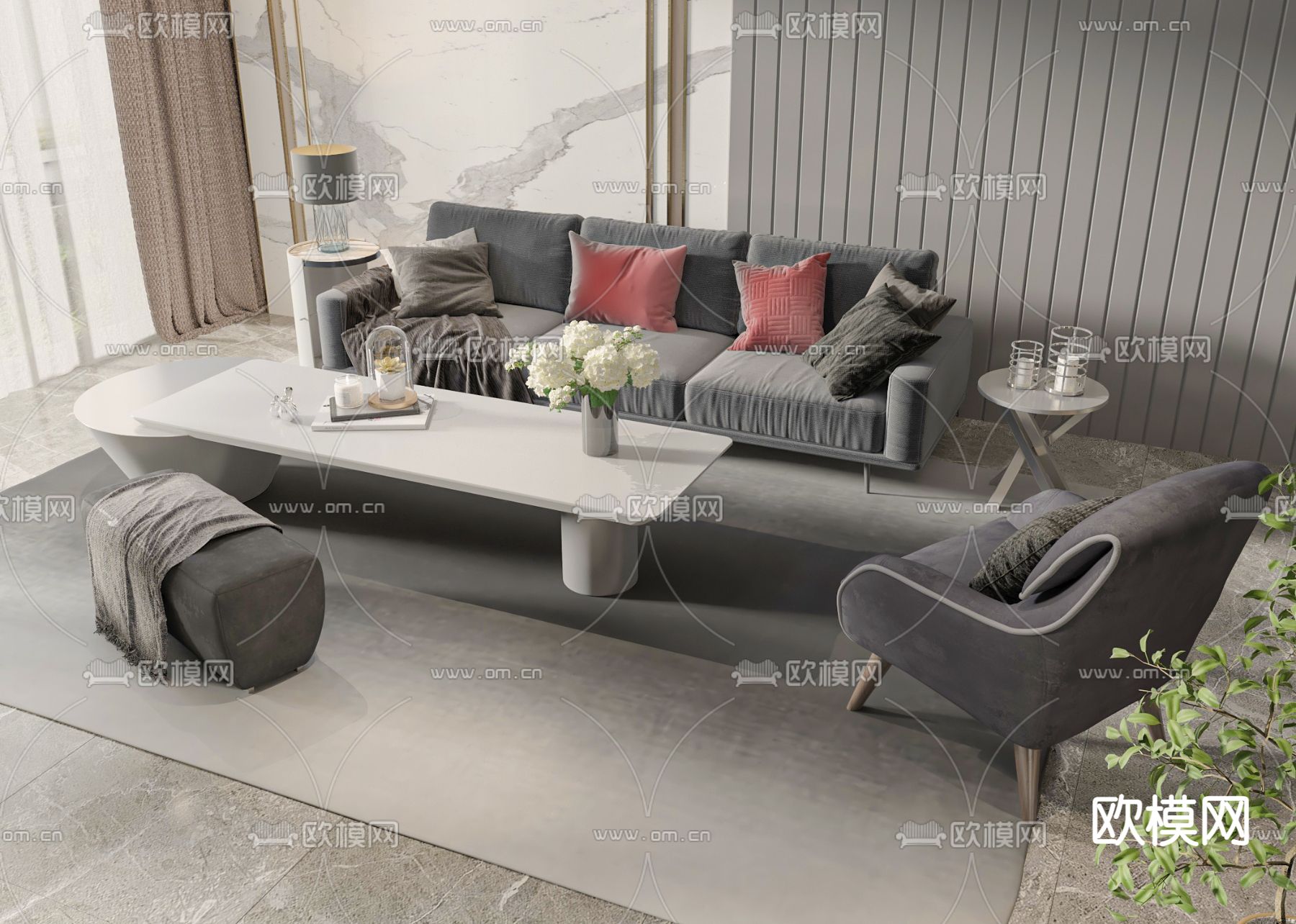高级灰组合沙发3d模型下载
