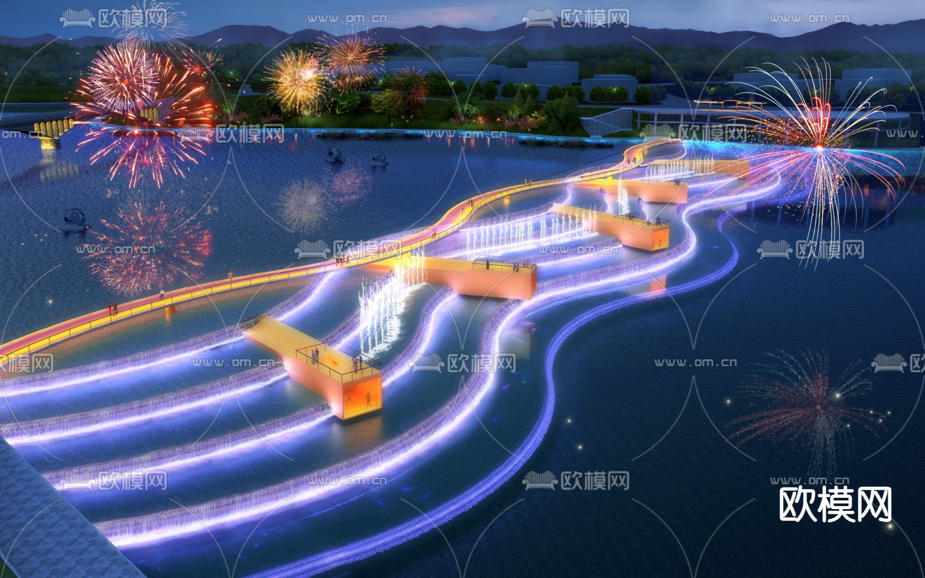 跌水 景观桥夜景psd下载