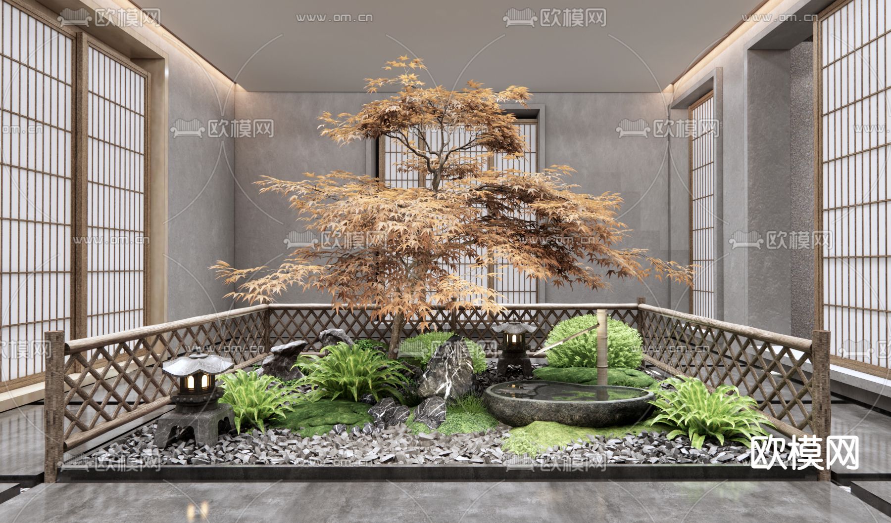 日式中庭景观小品3d模型下载