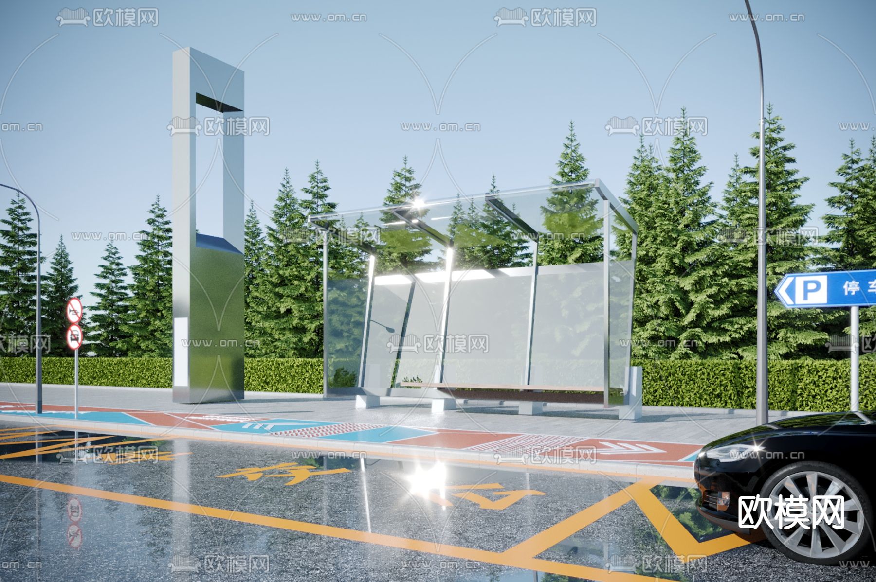 现代公交站台 候车亭3d模型下载