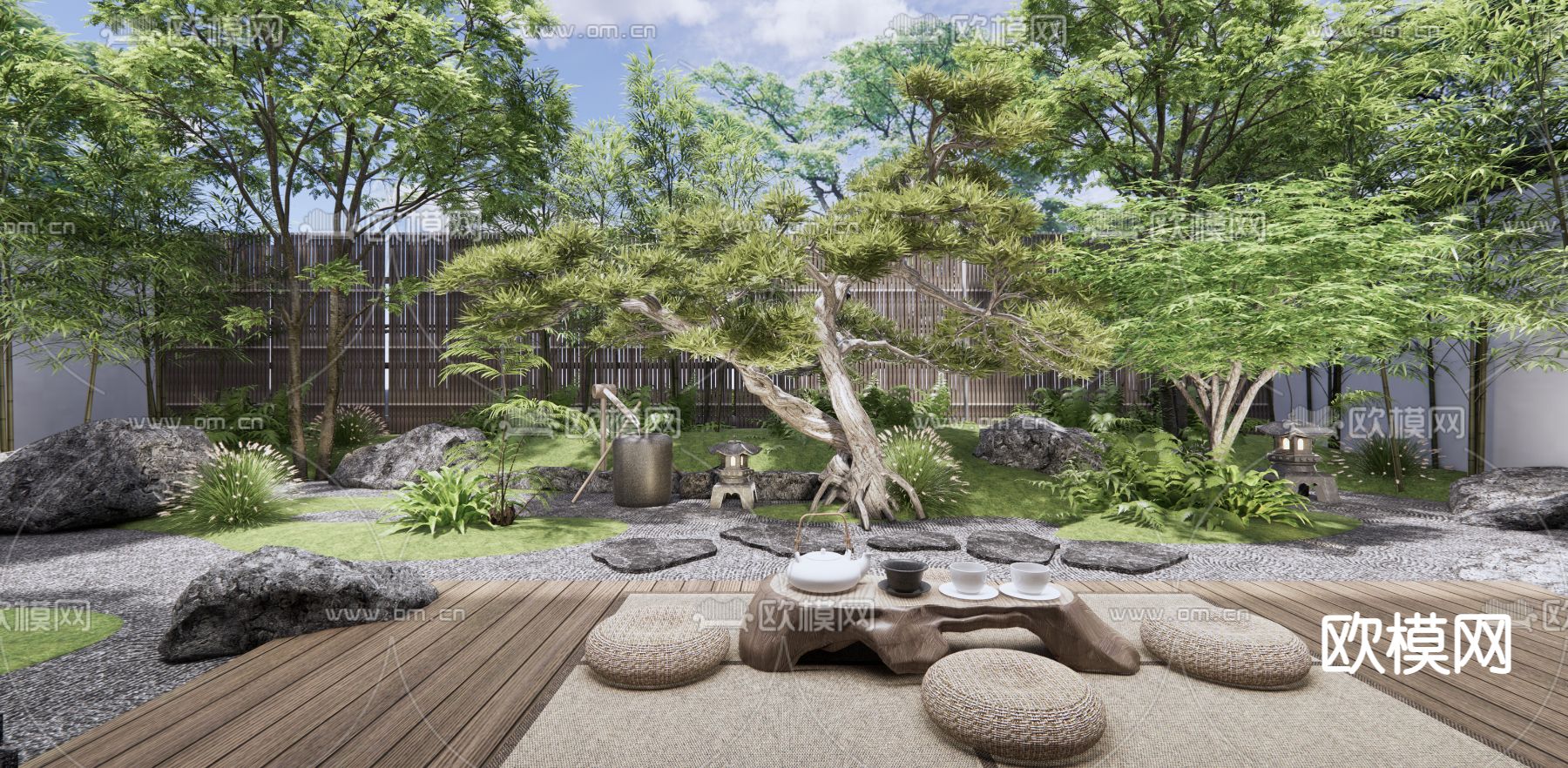 新中式庭院花园3d模型下载（渲染图1）