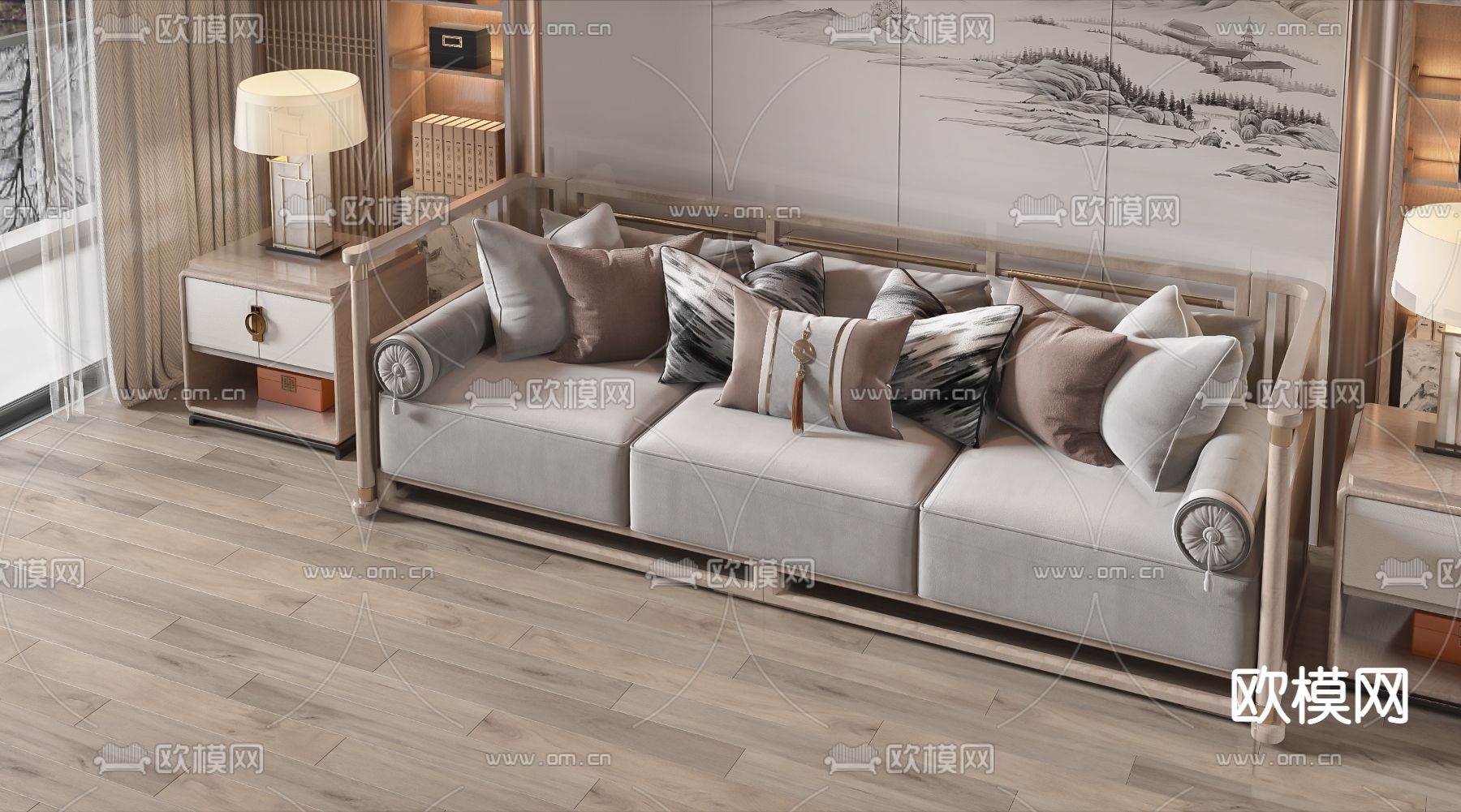 新中式布艺沙发3d模型下载_ID12206176_3dmax免费模型-欧模网