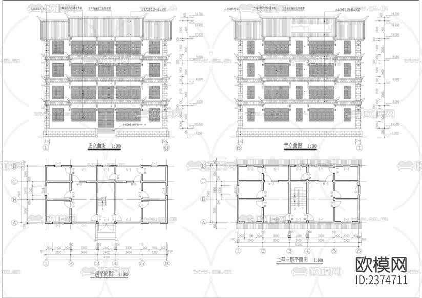 仿古辦公樓CAD施工圖下載(渲染圖2)