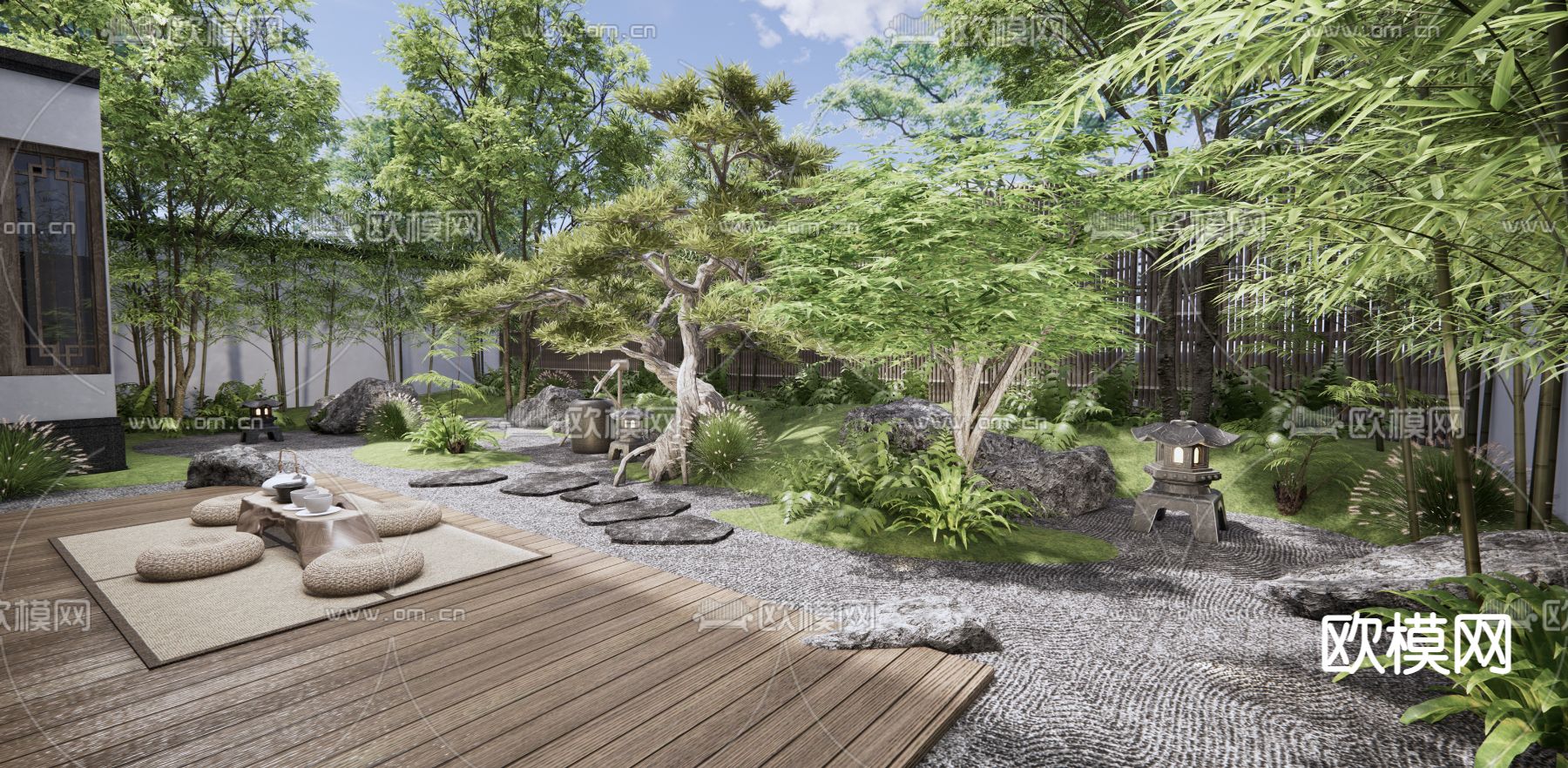 新中式庭院花园3d模型下载（渲染图2）