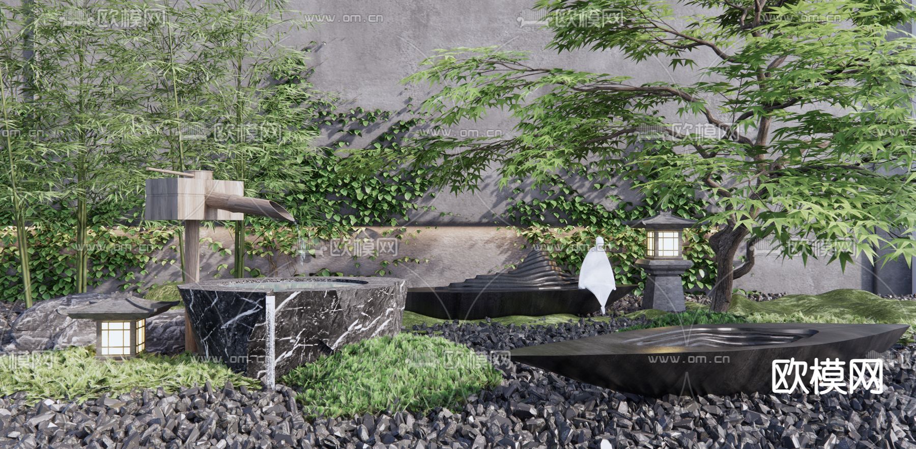 日式庭院景观小品3d模型下载