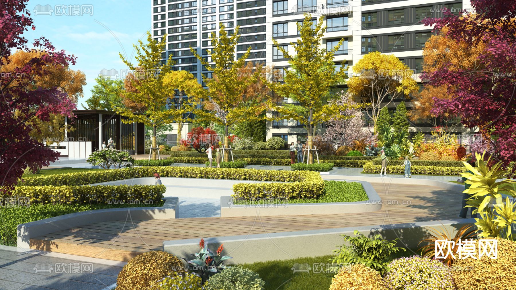 小区园林 秋景景观3d模型下载_ID12201727_3dmax免费模型-欧模网