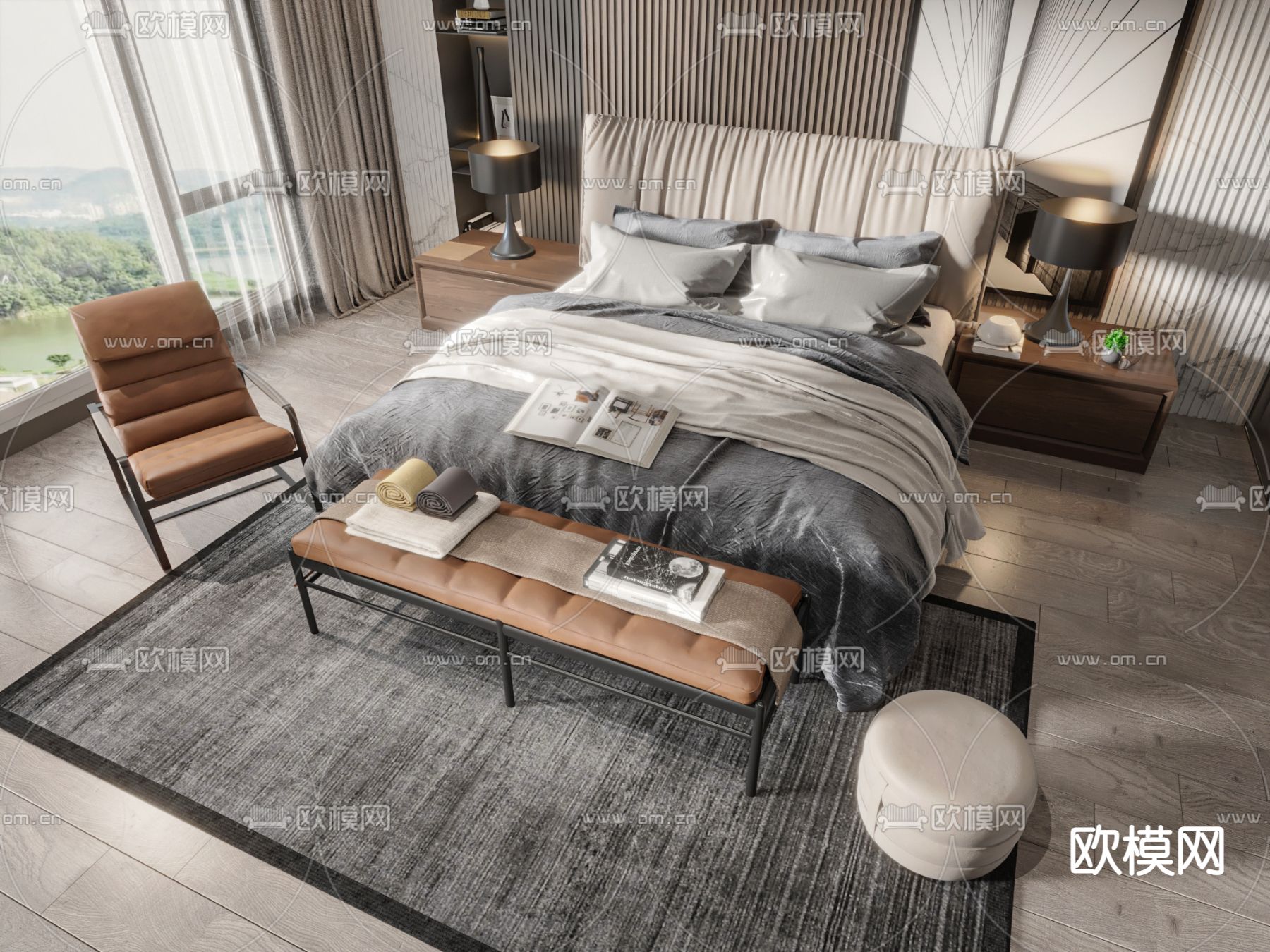 现代双人床3d模型下载