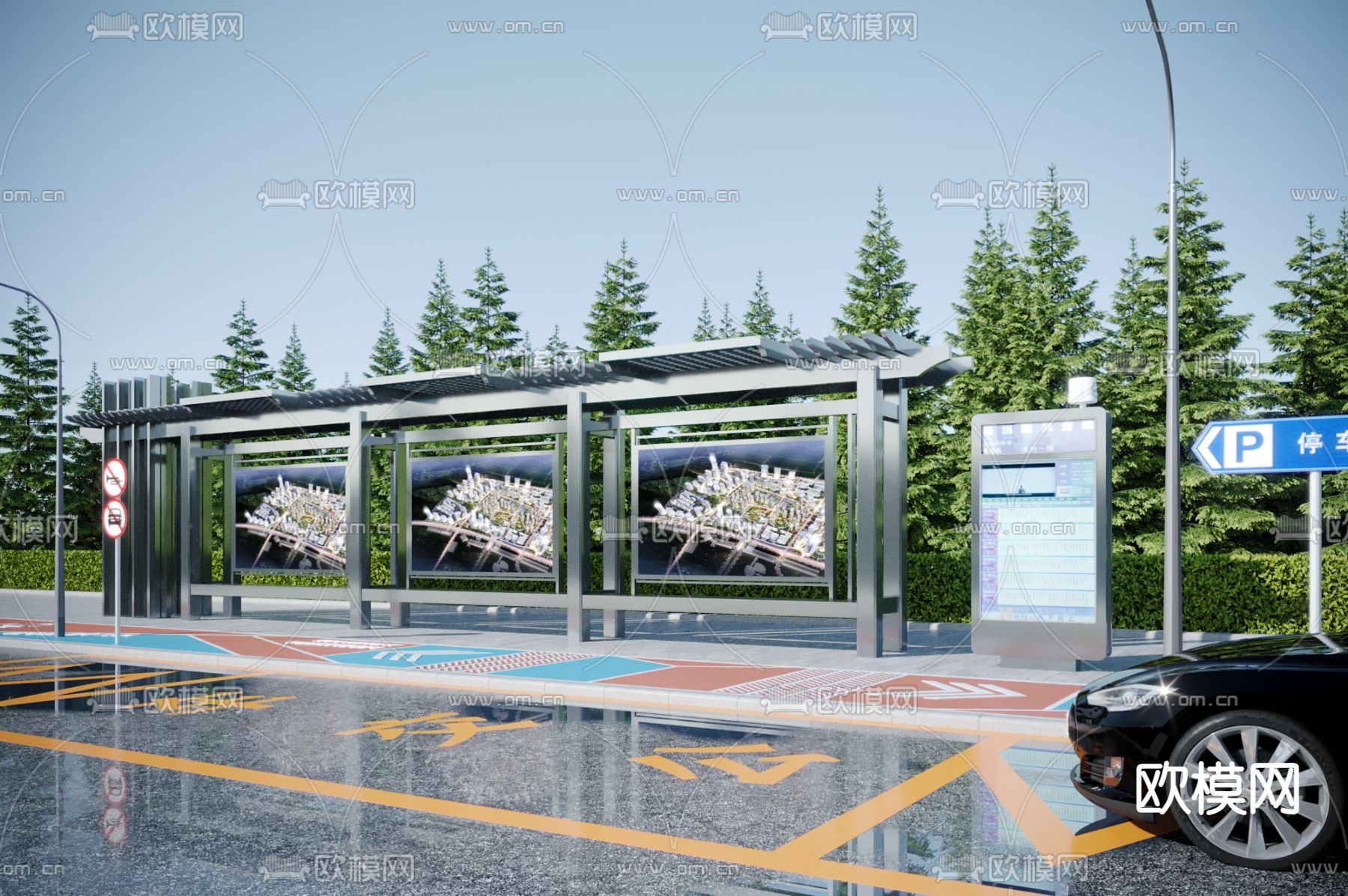 现代公交站台 候车亭3d模型下载