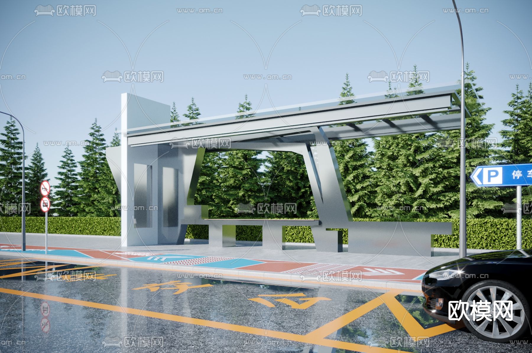 现代公交站台 候车亭3d模型下载