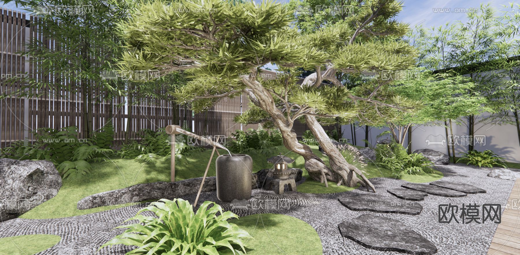 新中式庭院花园3d模型下载（渲染图3）