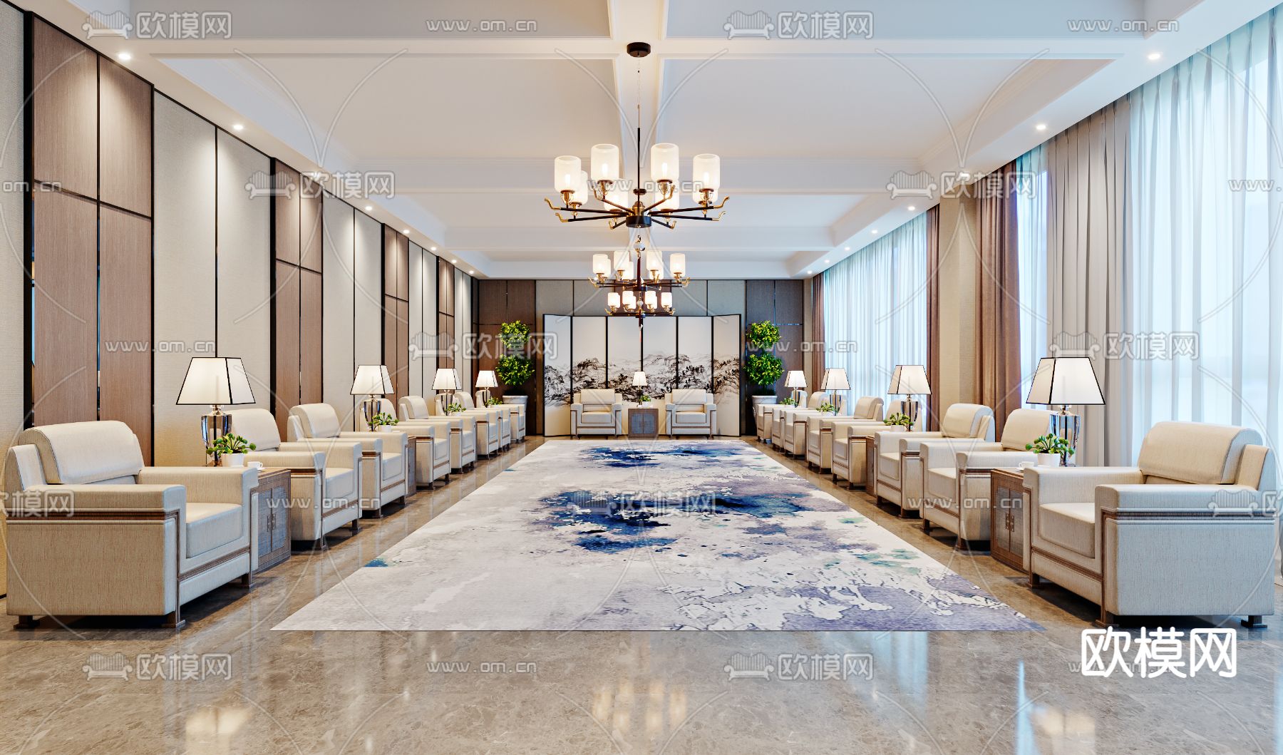 新中式会客室3d模型下载