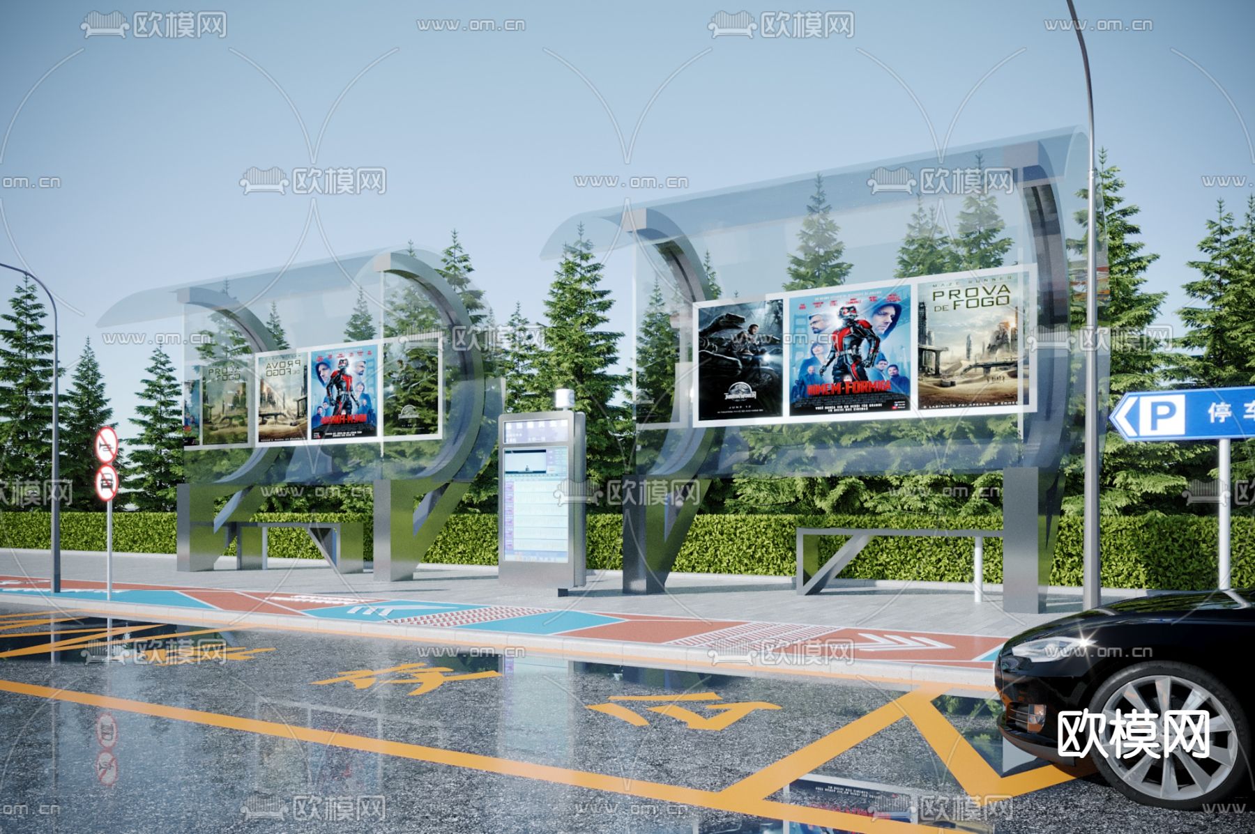 现代公交站台 候车亭3d模型下载