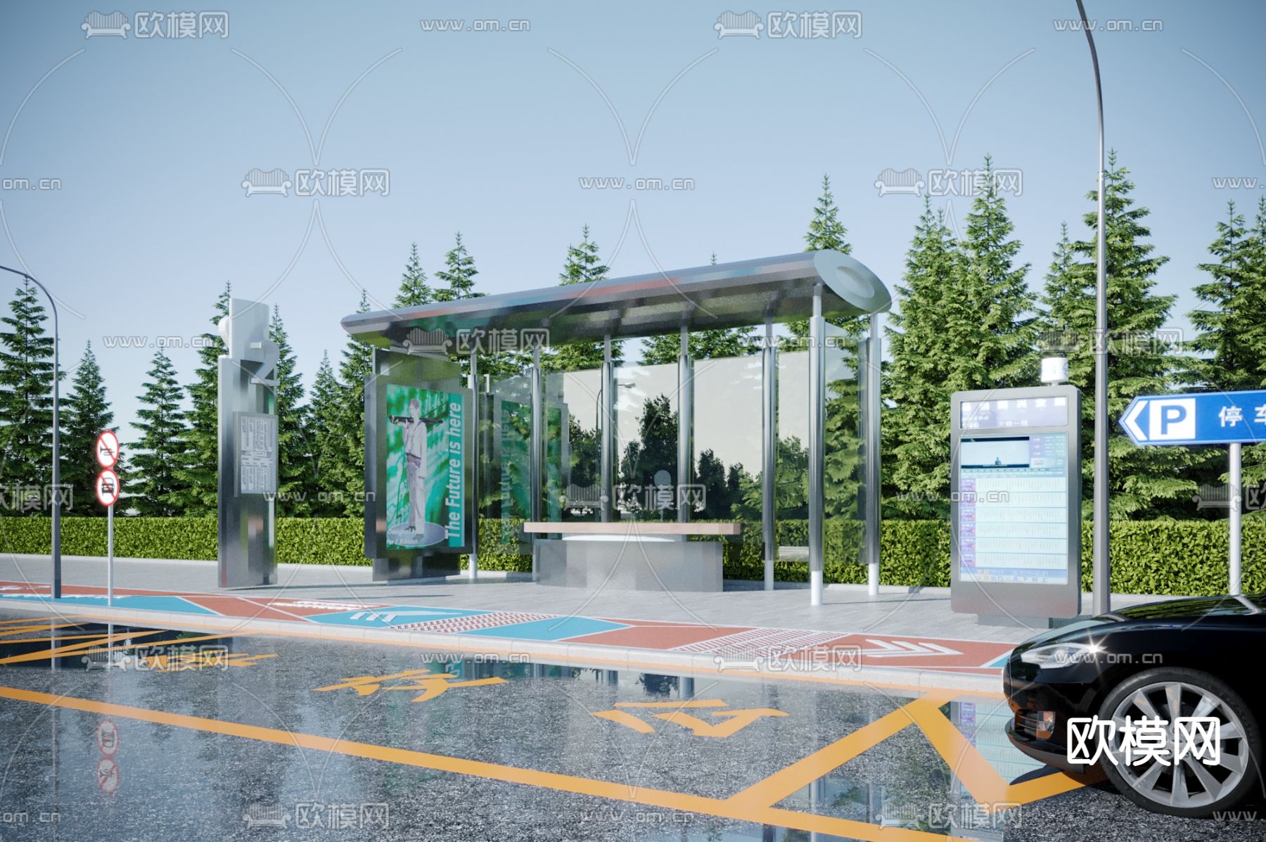 现代公交站台 候车亭3d模型下载