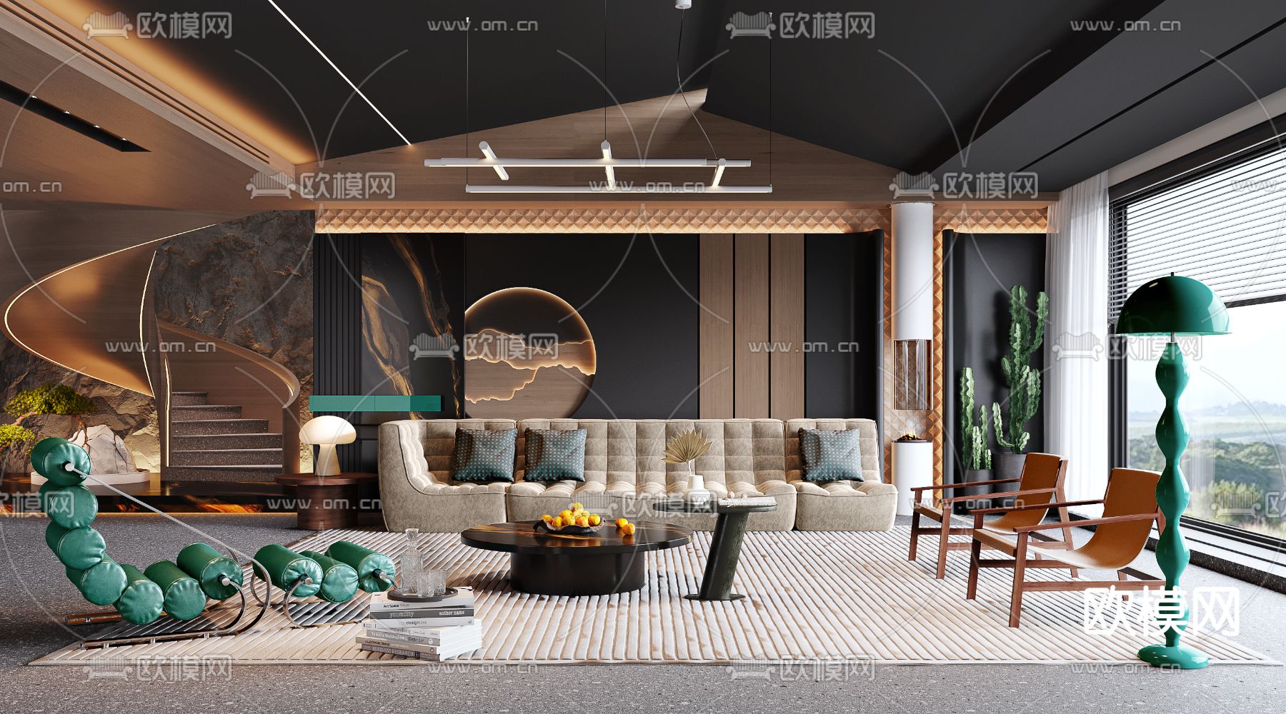 暗黑风客厅3d模型下载（渲染图1）