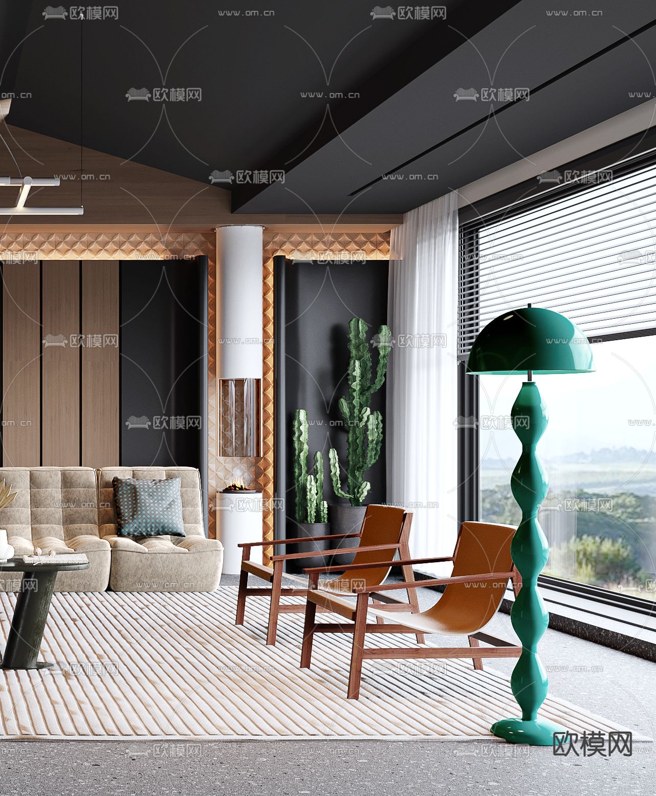 暗黑风客厅3d模型下载（渲染图4）