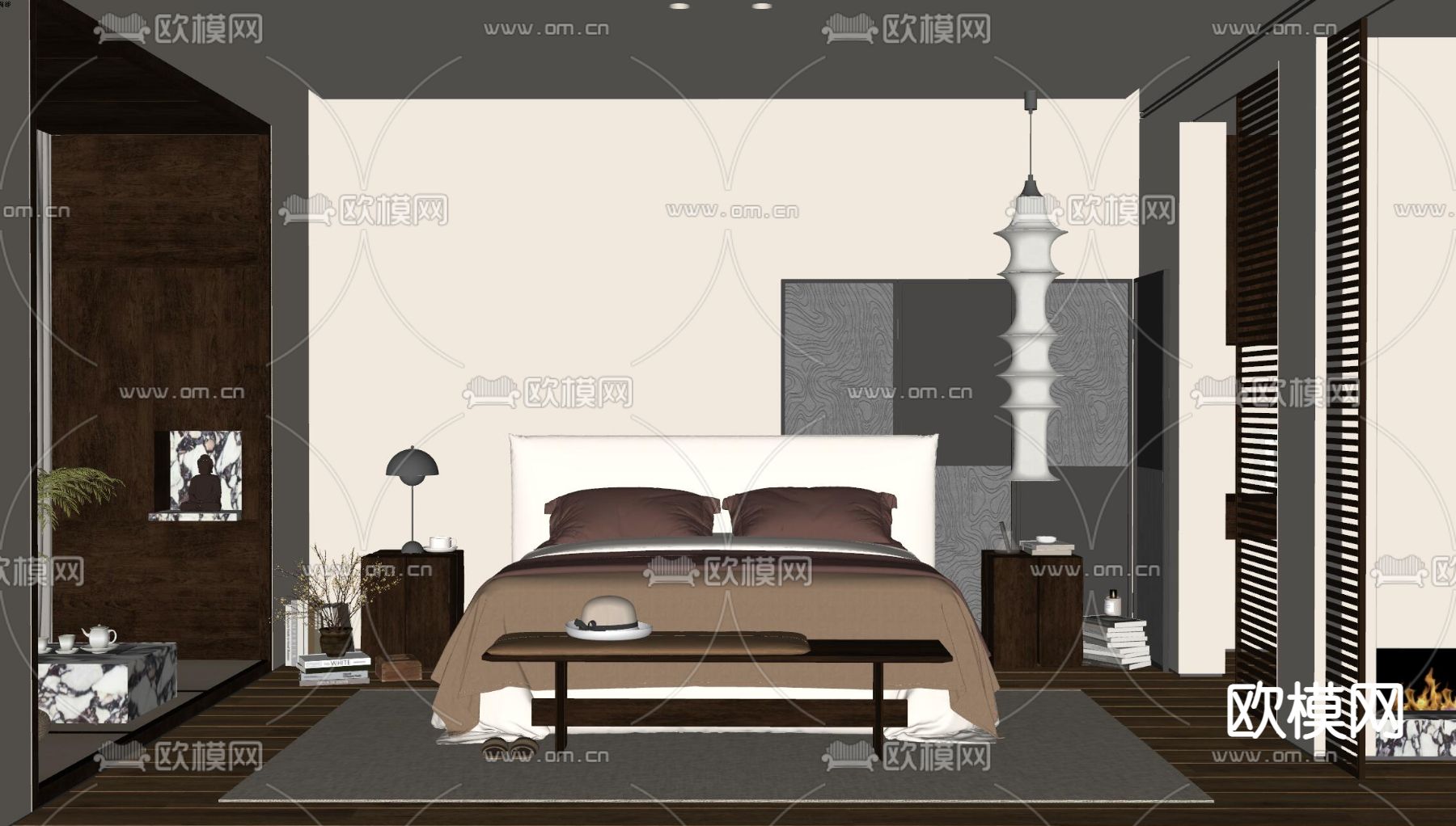 中古风卧室主人房su模型下载（渲染图2）