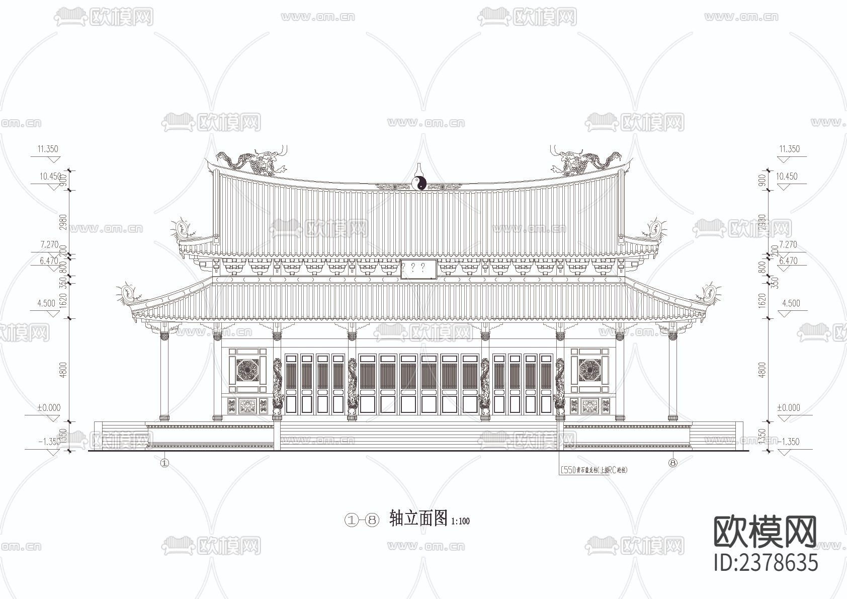 仿古式公园房屋CAD施工图下载（渲染图2）
