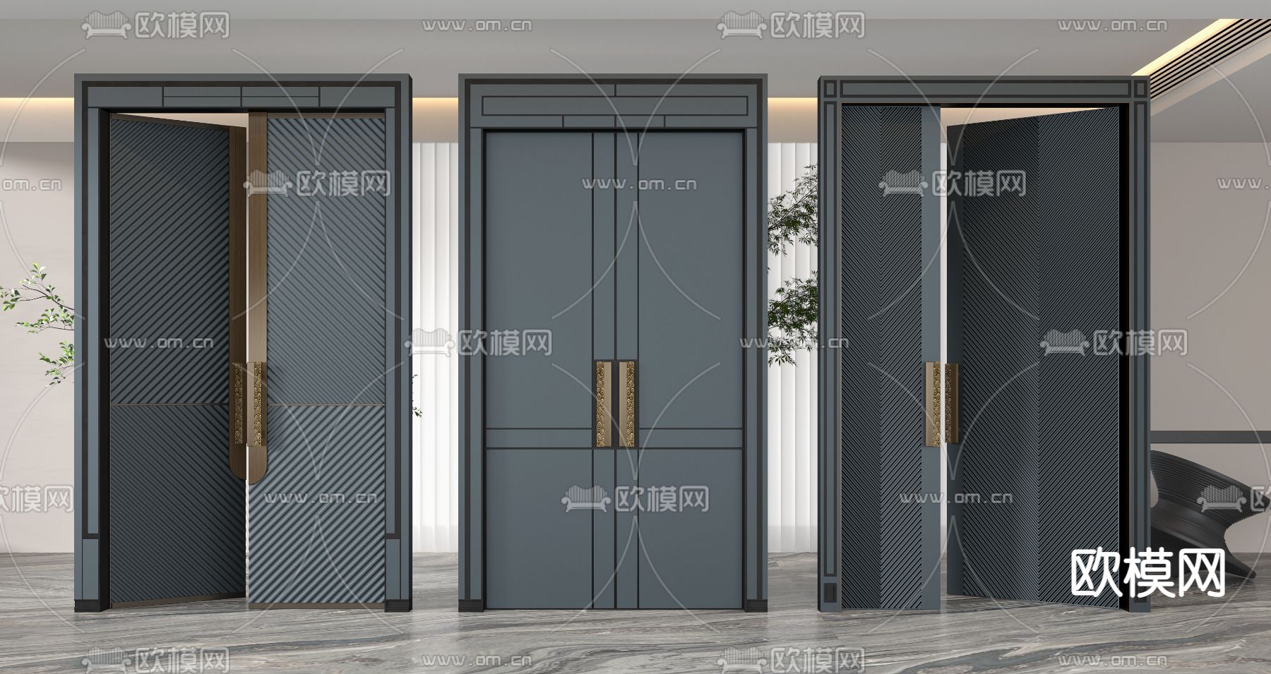 新中式双开大门 入户门3d模型下载_ID10001453_3dmax免费模型-欧模网