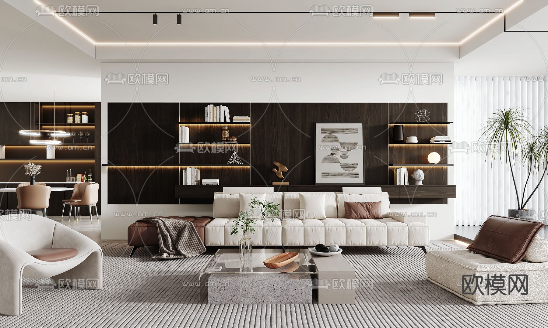 奶油风客厅 餐厅3d模型下载（渲染图2）