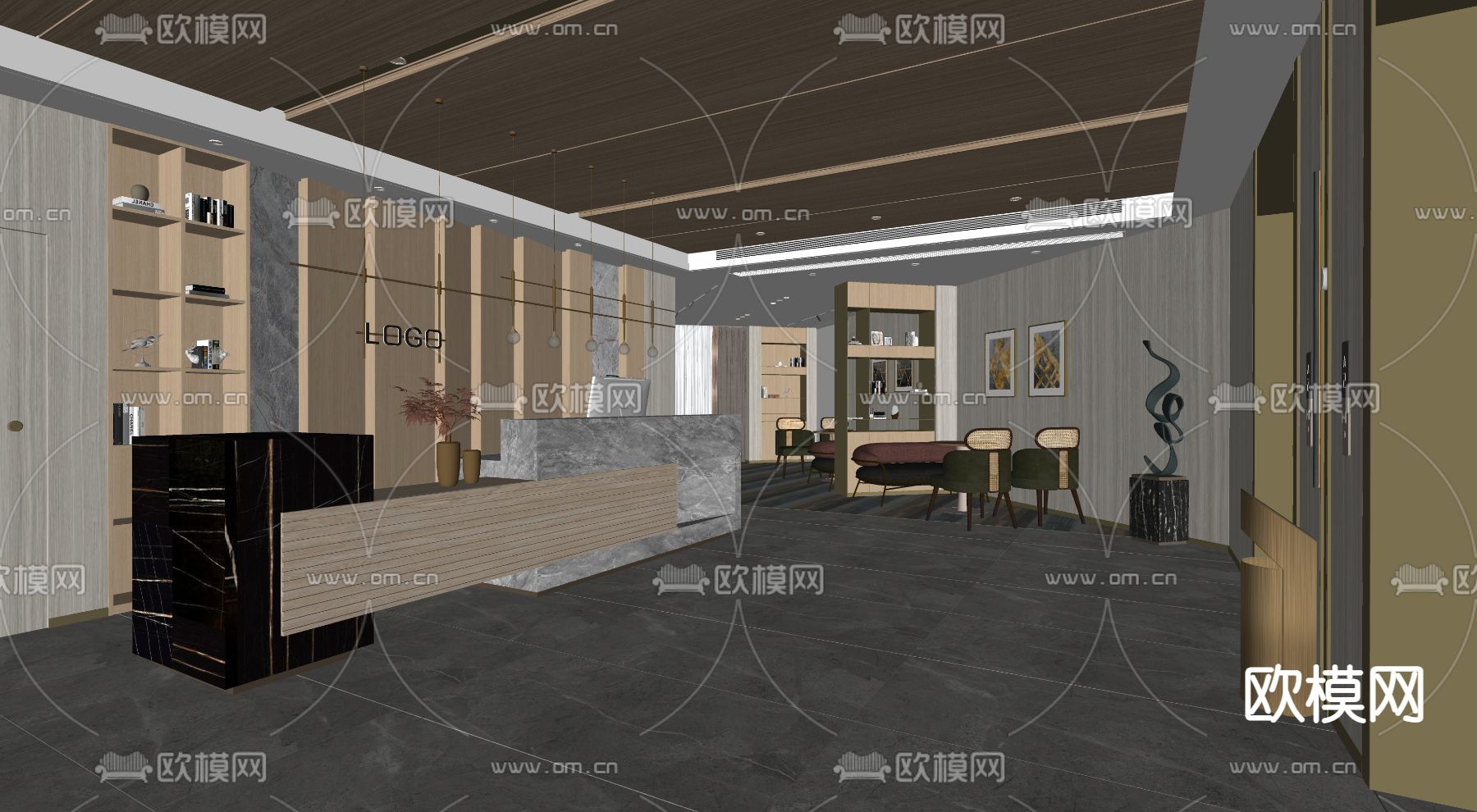 轻奢办公室前台 接待处su模型下载（渲染图4）