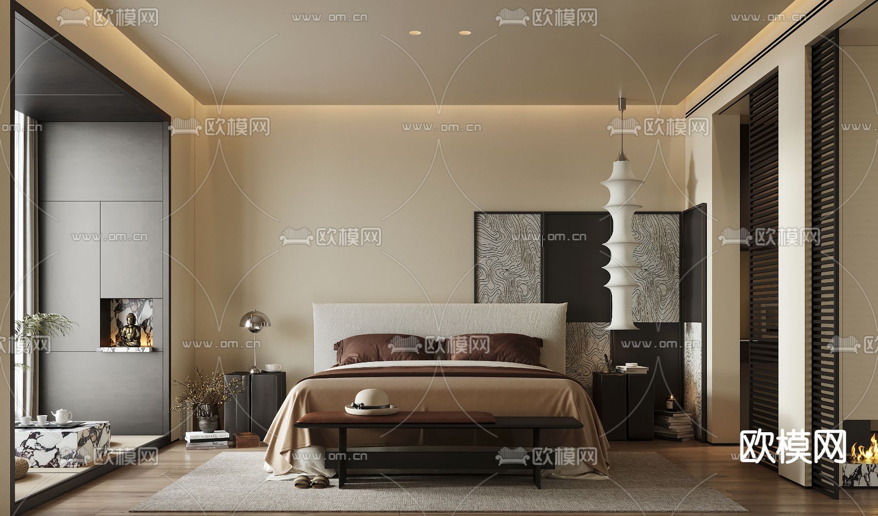 中古风卧室主人房su模型下载（渲染图1）