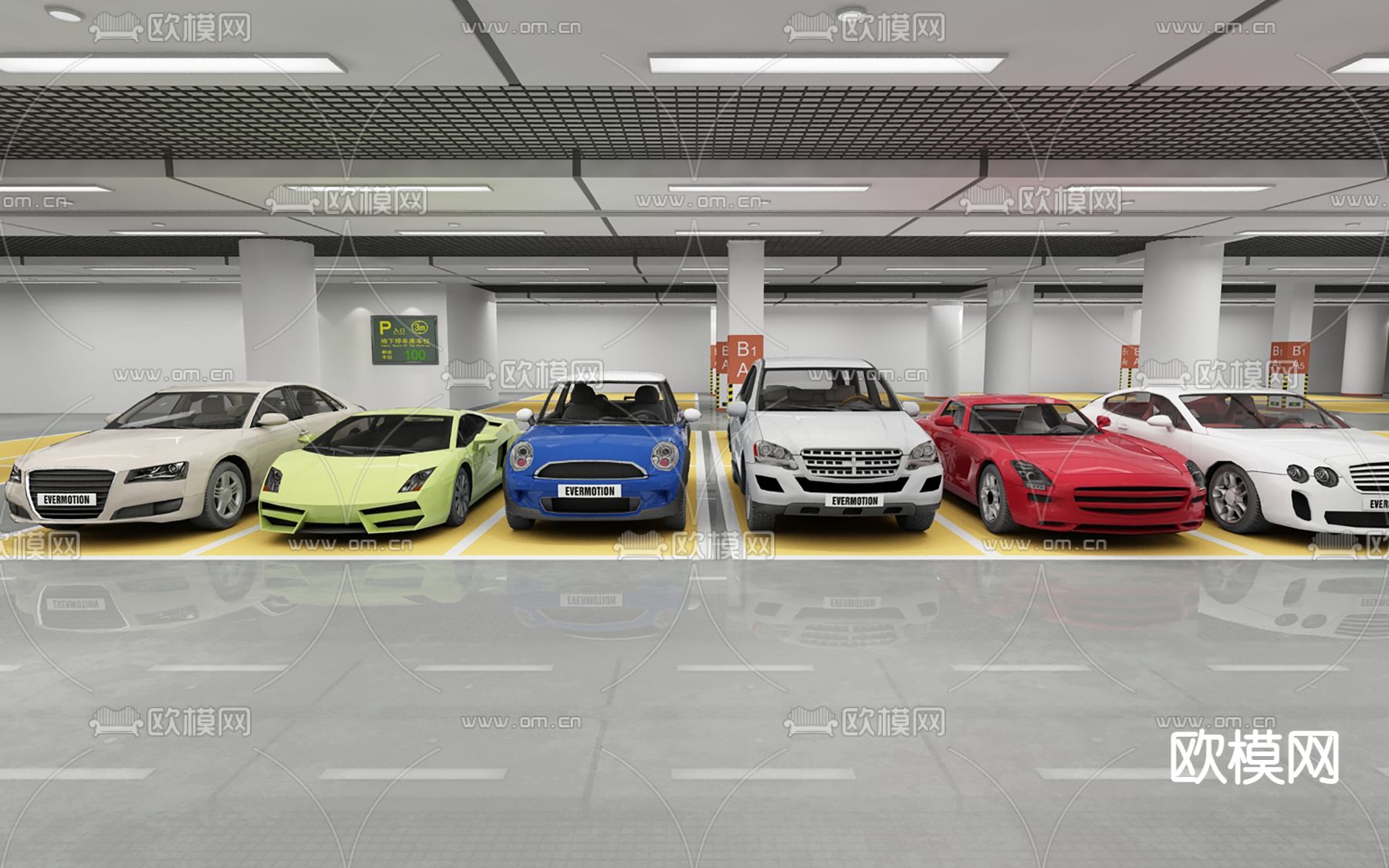 现代车库 豪车 停车场su模型下载（渲染图1）